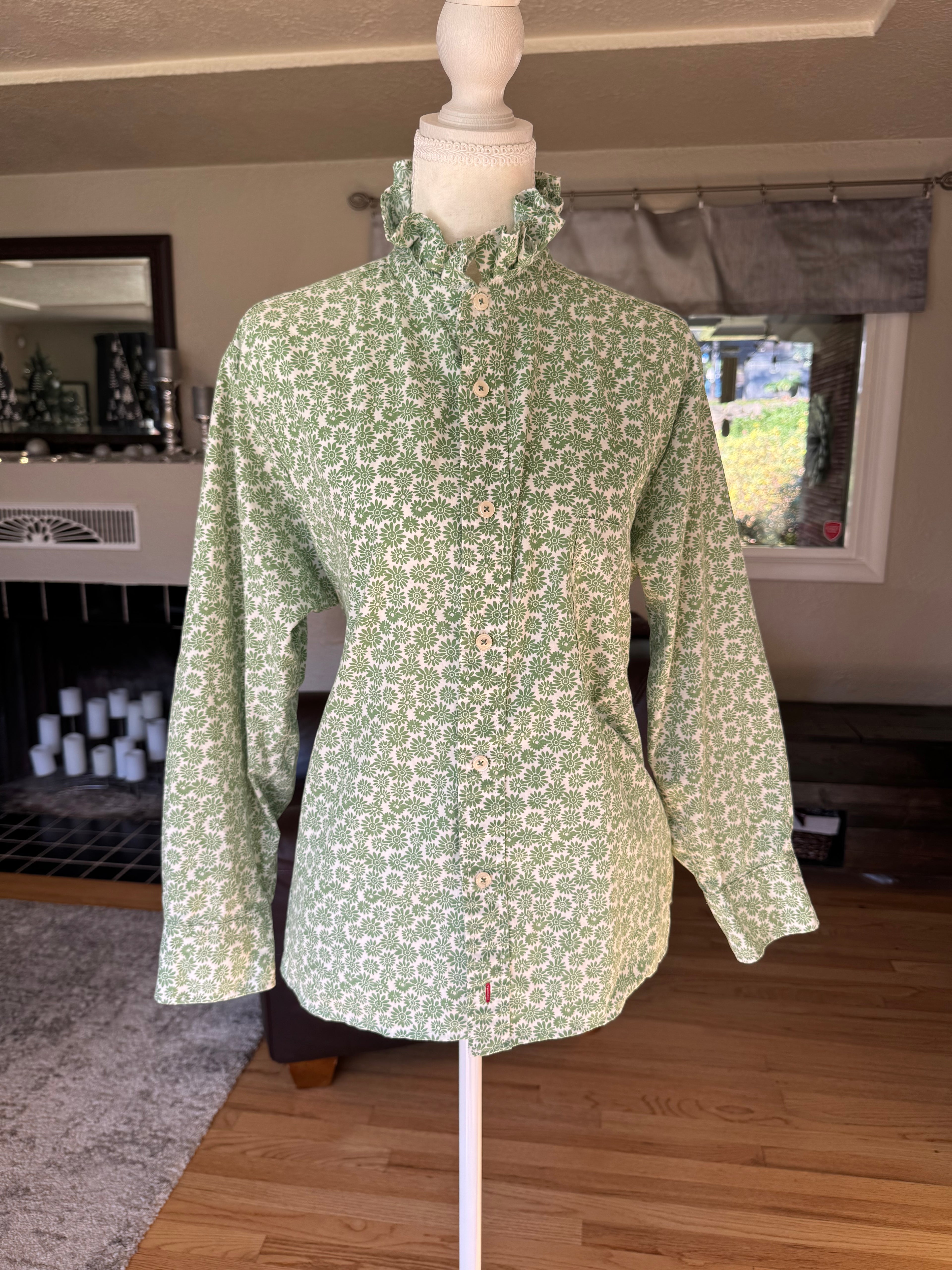 SOLD Poppy - Vintage Boden green floral Mens Upcycled Ruffle Shirt - size Medium