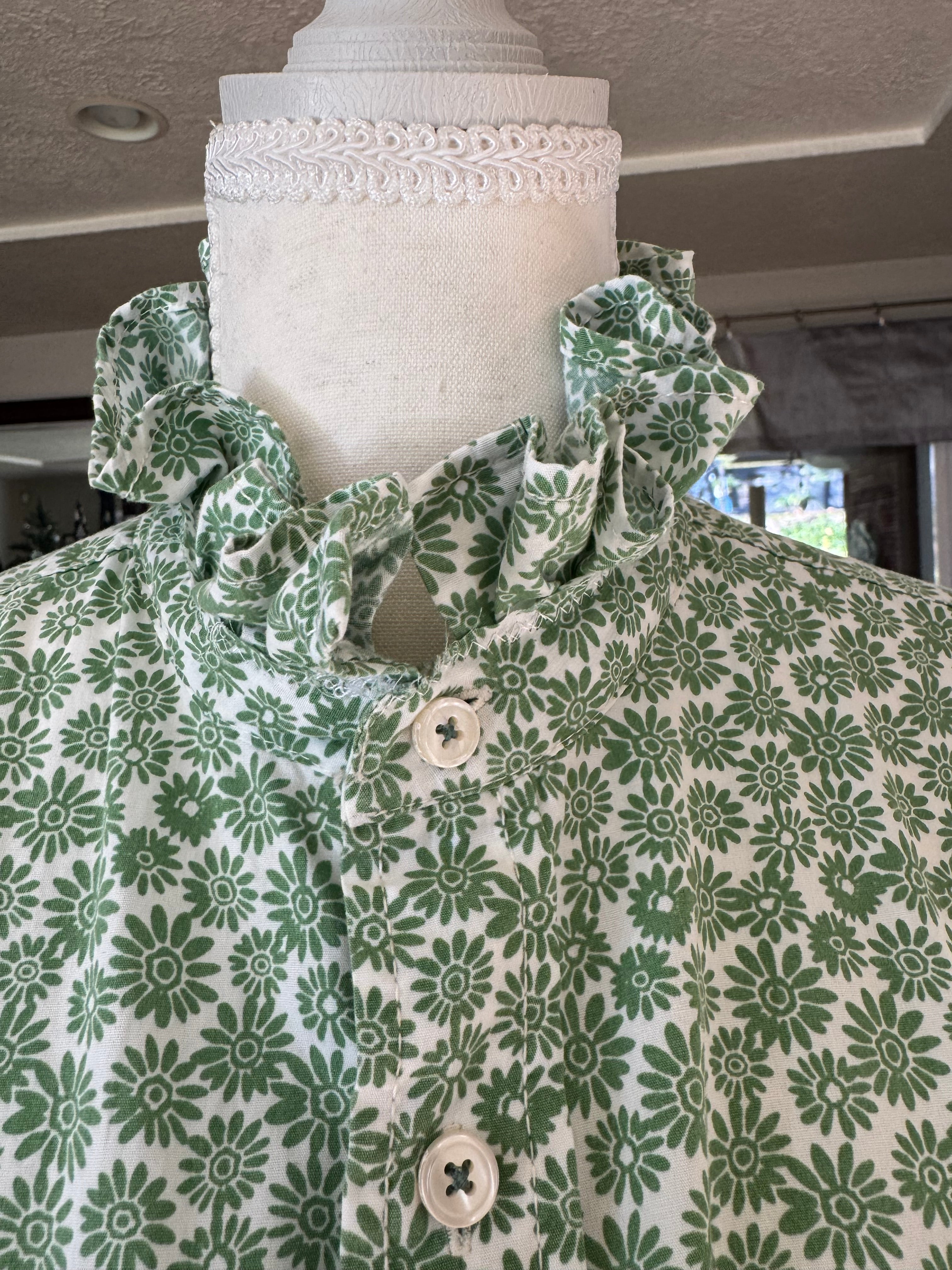 SOLD Poppy - Vintage Boden green floral Mens Upcycled Ruffle Shirt - size Medium