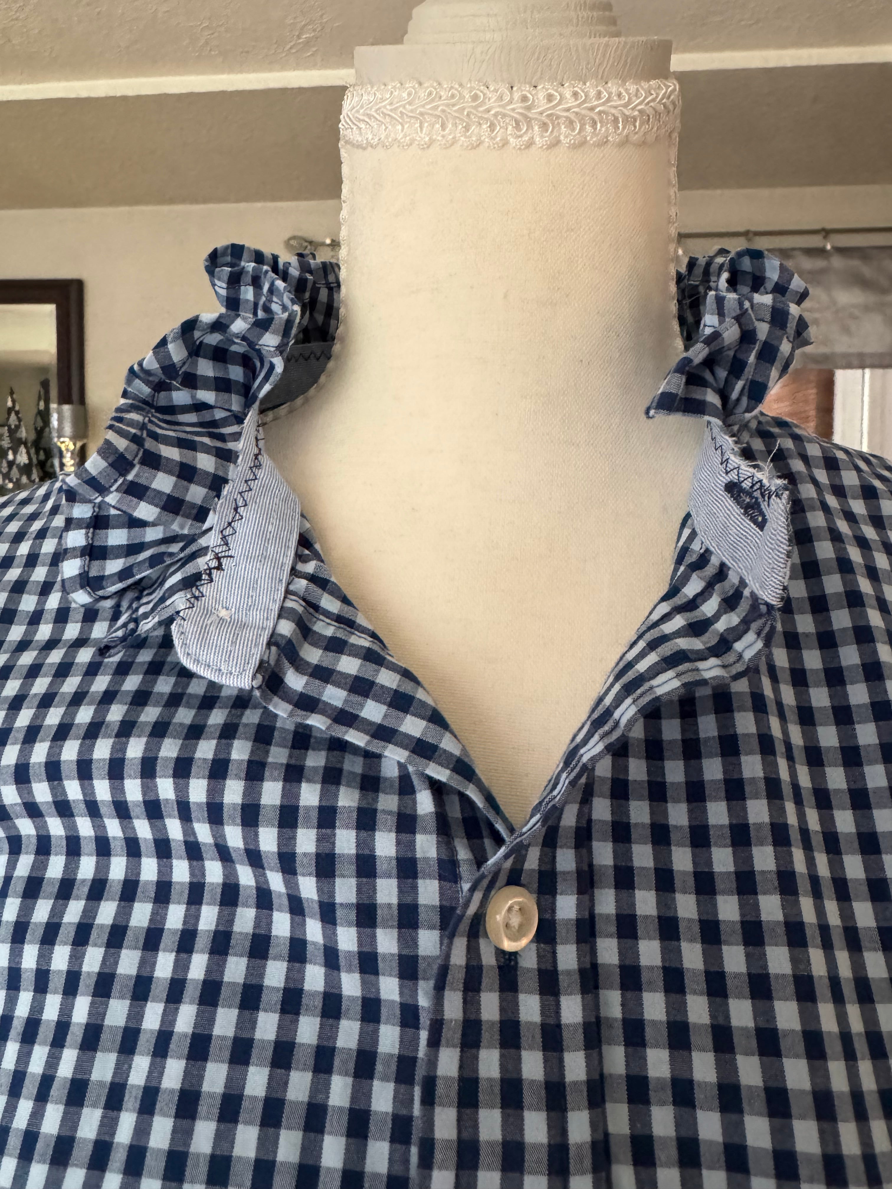 SOLD Violet - IZOD Mens Upcycle Ruffle Shirt Navy/Light Blue check - size Medium/Large