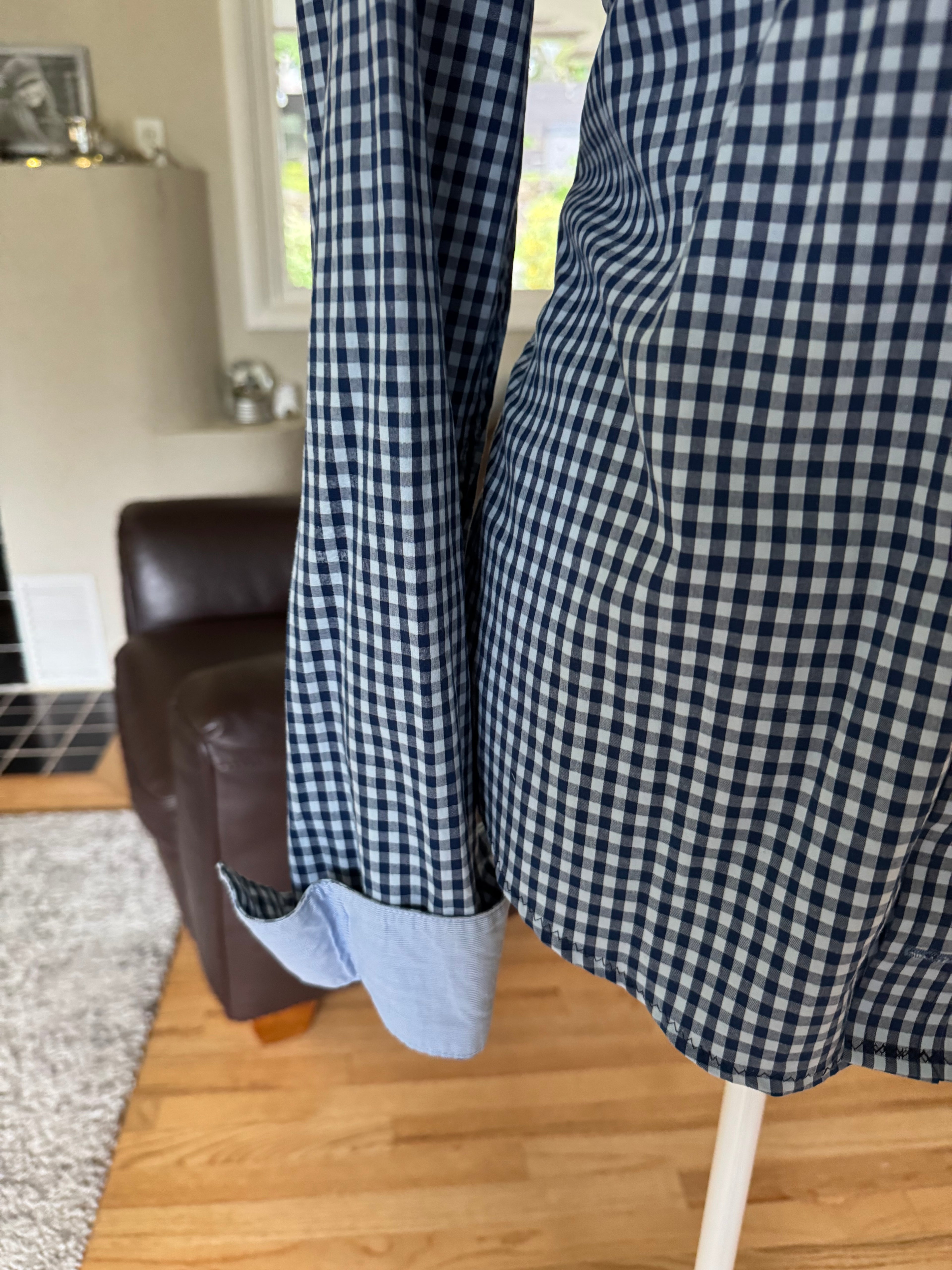 SOLD Violet - IZOD Mens Upcycle Ruffle Shirt Navy/Light Blue check - size Medium/Large