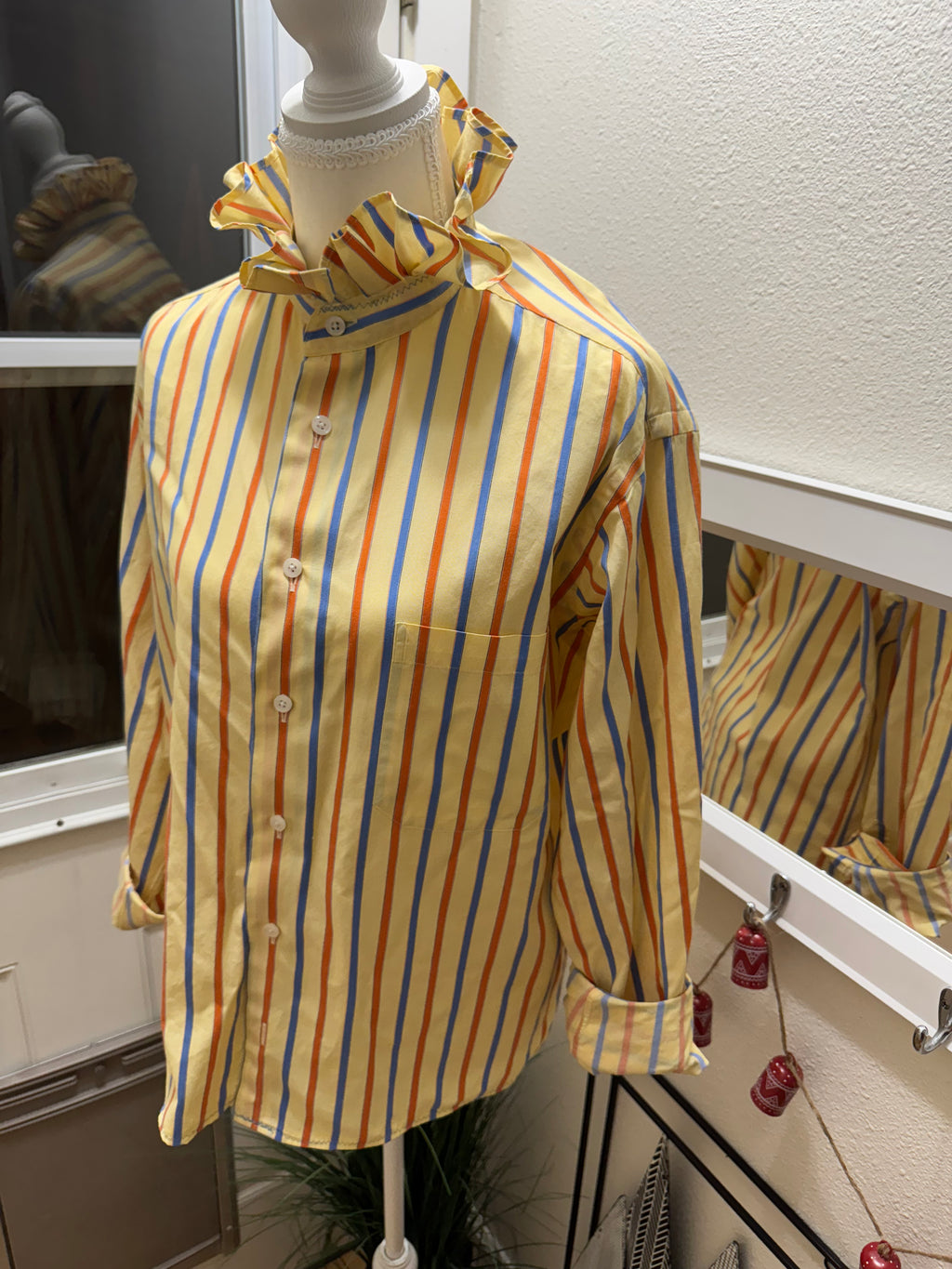 SOLD Piper - Vintage Yellow Striped Mens Ruffle Shirt - Size Large