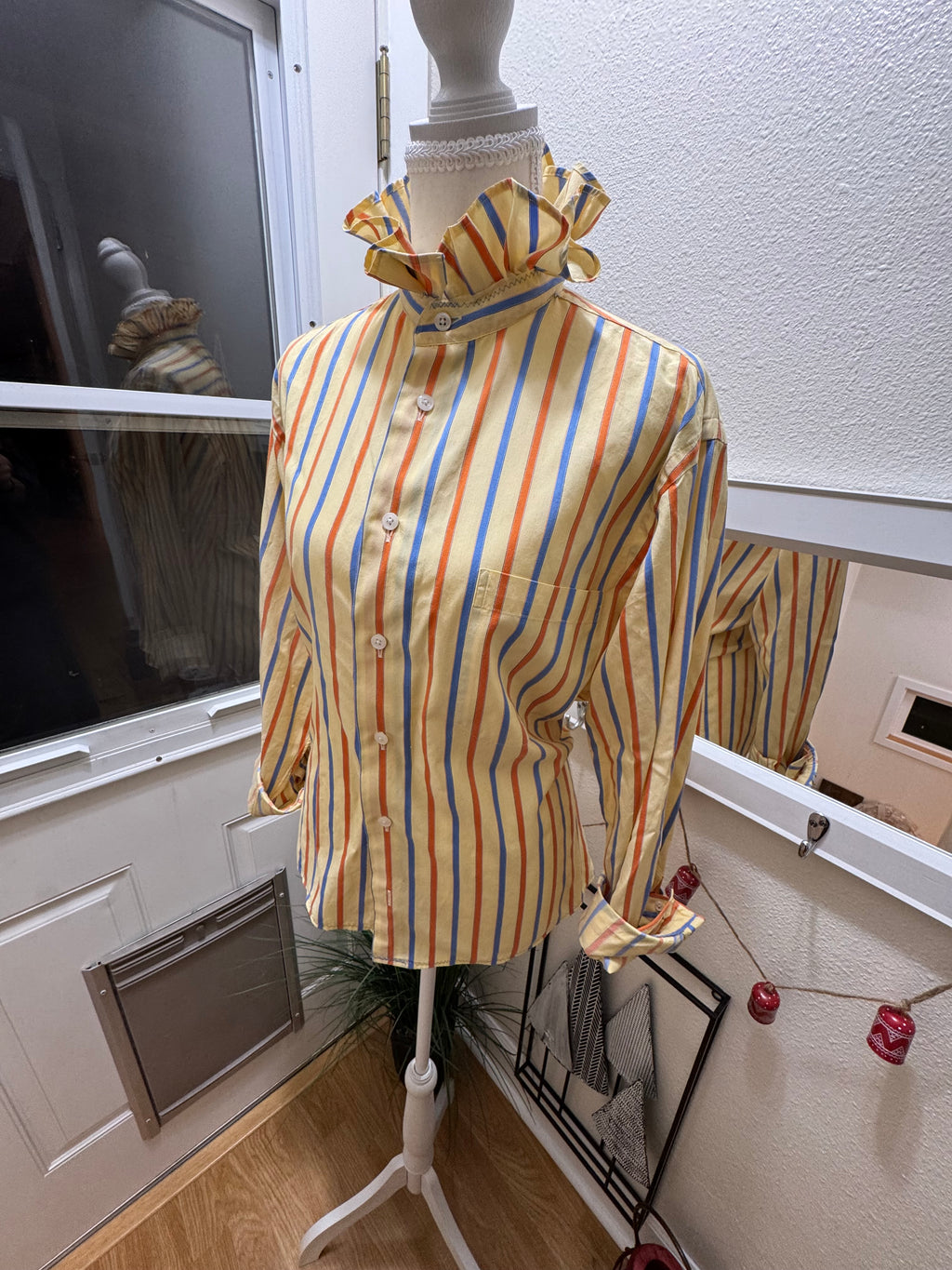 SOLD Piper - Vintage Yellow Striped Mens Ruffle Shirt - Size Large