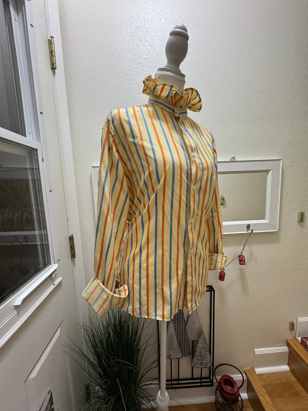 SOLD Piper - Vintage Yellow Striped Mens Ruffle Shirt - Size Large