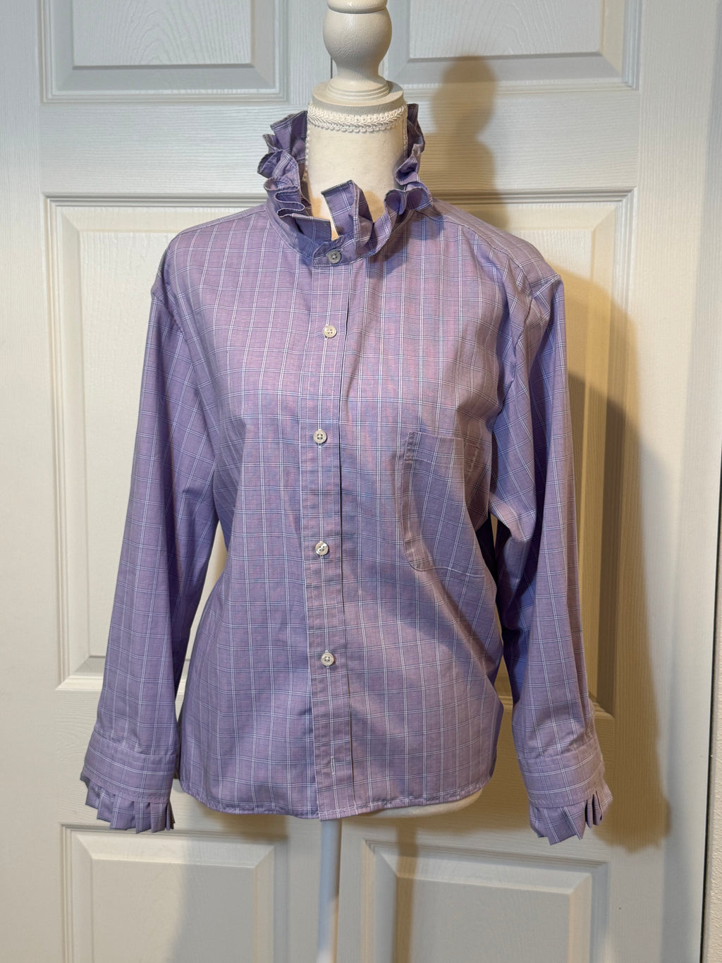 SOLD Hope - Croft & Barrow Mens Upcycled Ruffle Collar and Sleeve Shirt - Lavender Plaid - Size Medium/Large