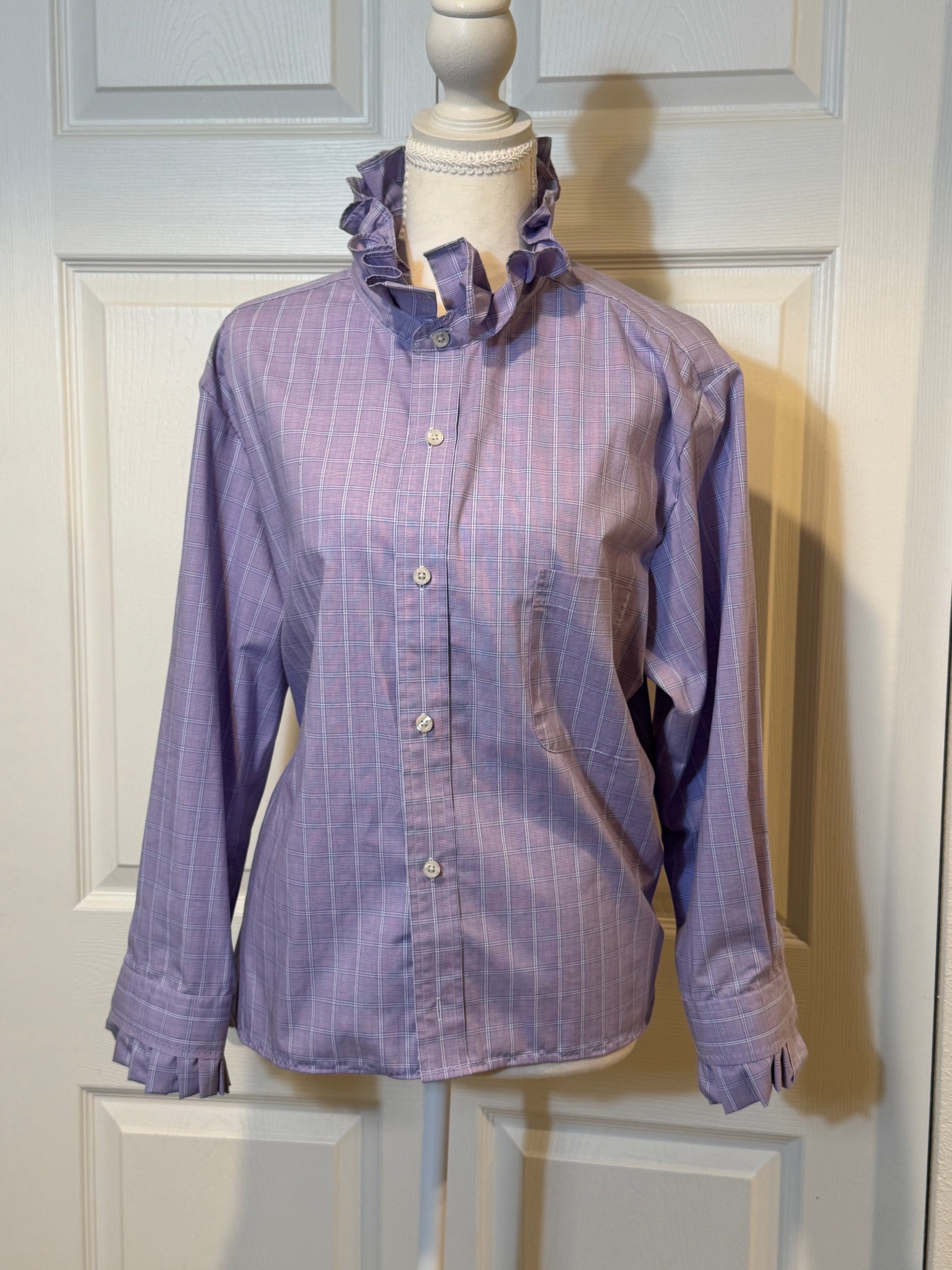 SOLD Hope - Croft & Barrow Mens Upcycled Ruffle Collar and Sleeve Shirt - Lavender Plaid - Size Medium/Large