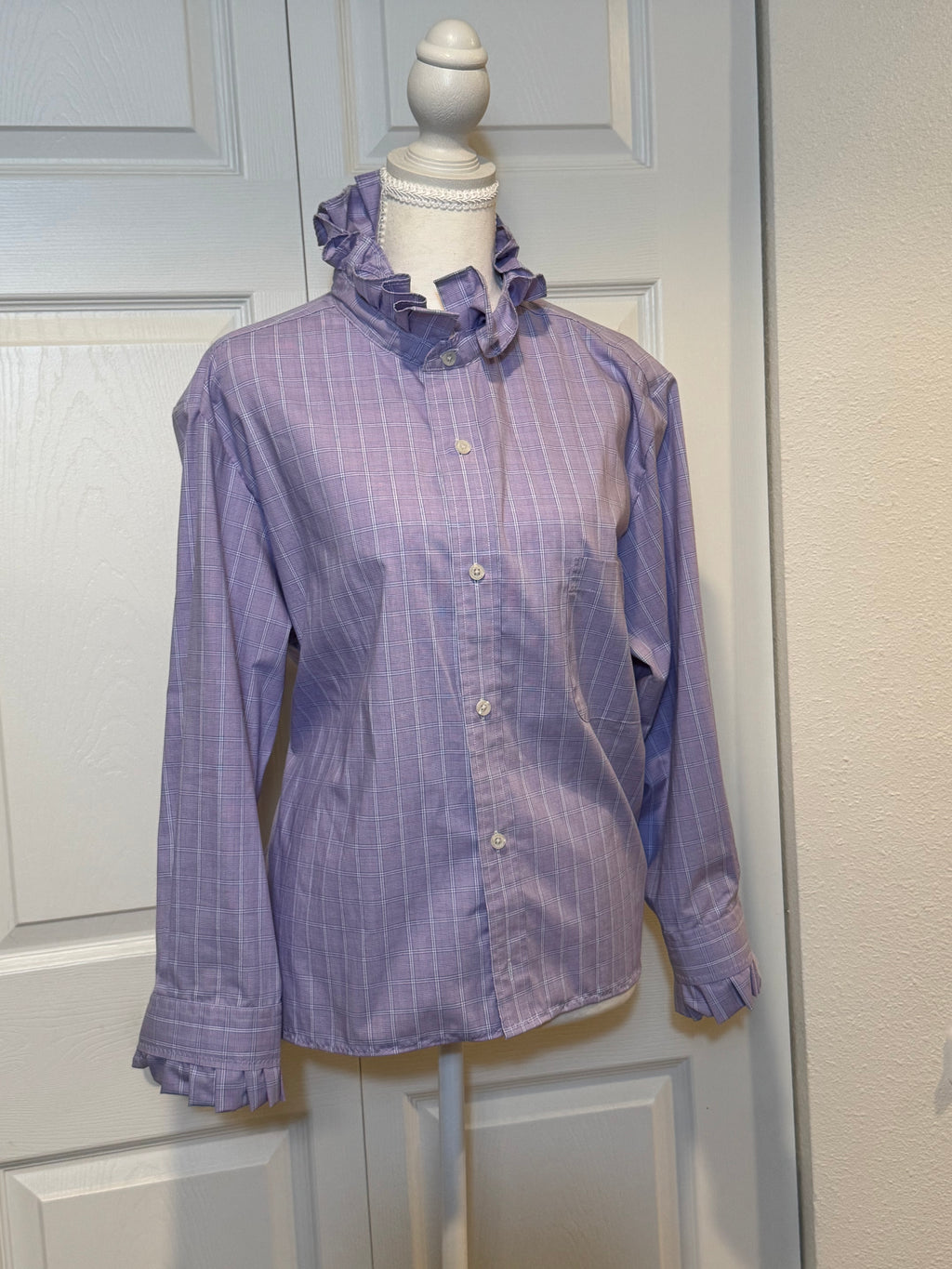 SOLD Hope - Croft & Barrow Mens Upcycled Ruffle Collar and Sleeve Shirt - Lavender Plaid - Size Medium/Large