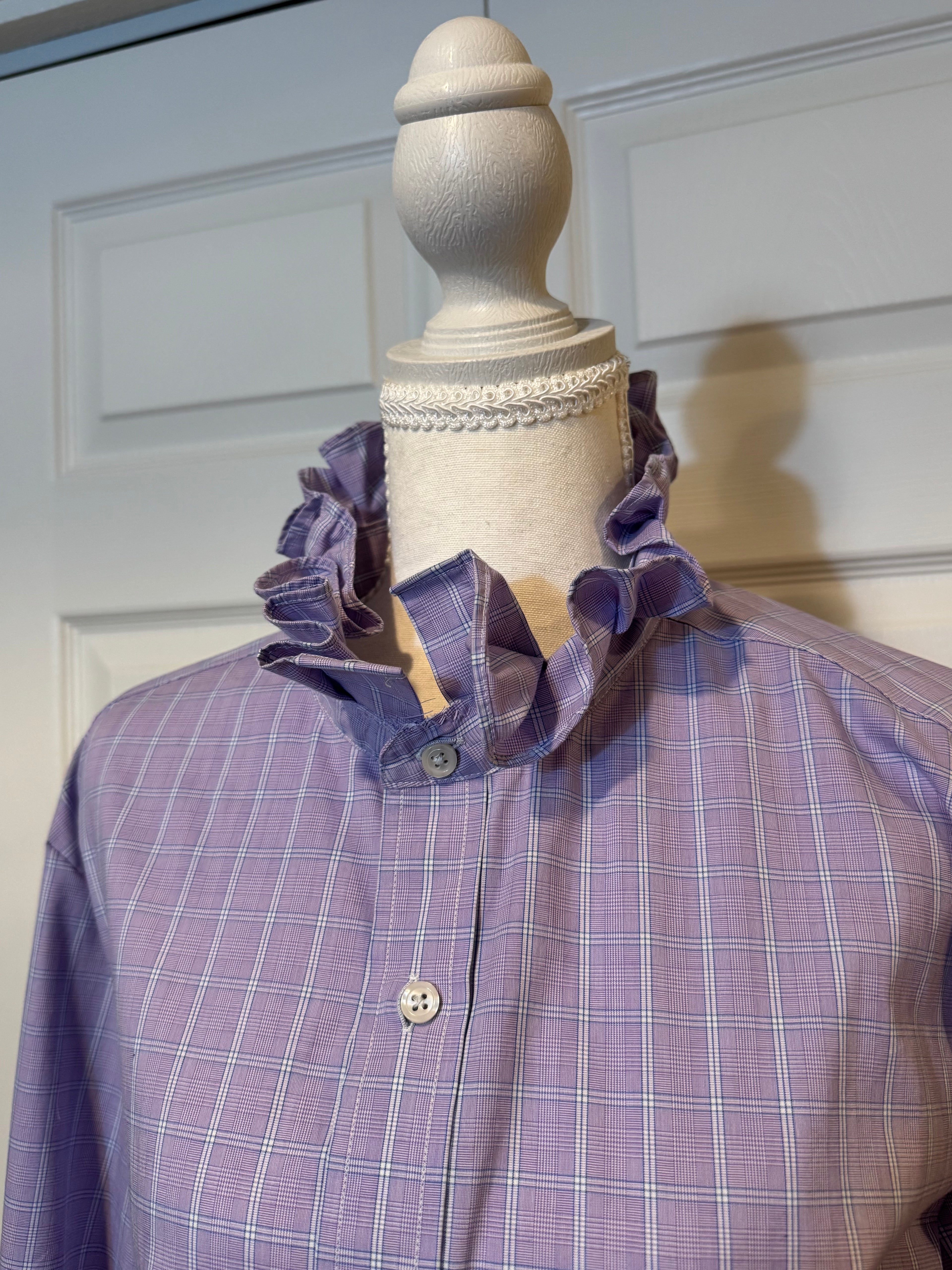 SOLD Hope - Croft & Barrow Mens Upcycled Ruffle Collar and Sleeve Shirt - Lavender Plaid - Size Medium/Large