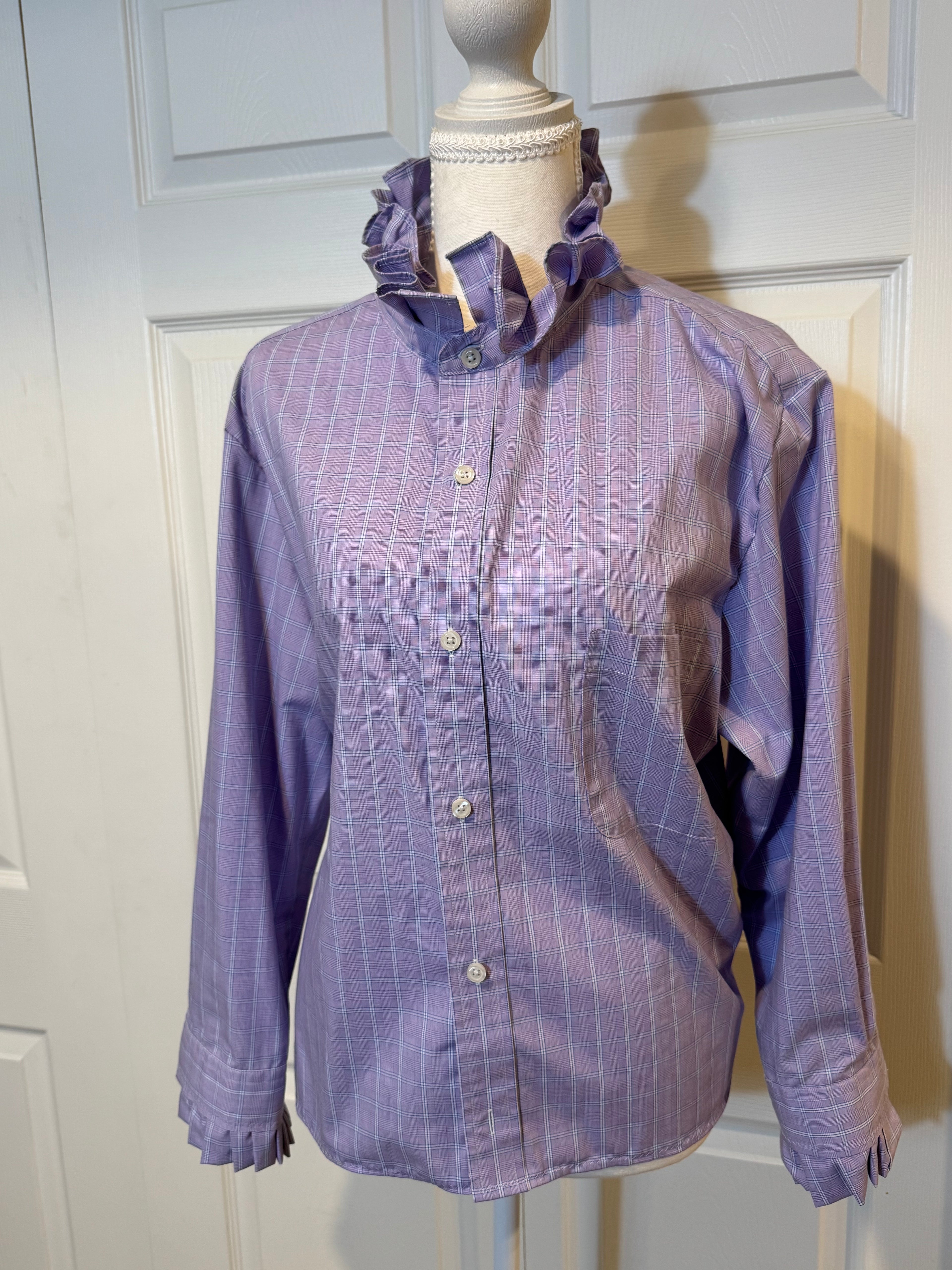 SOLD Hope - Croft & Barrow Mens Upcycled Ruffle Collar and Sleeve Shirt - Lavender Plaid - Size Medium/Large