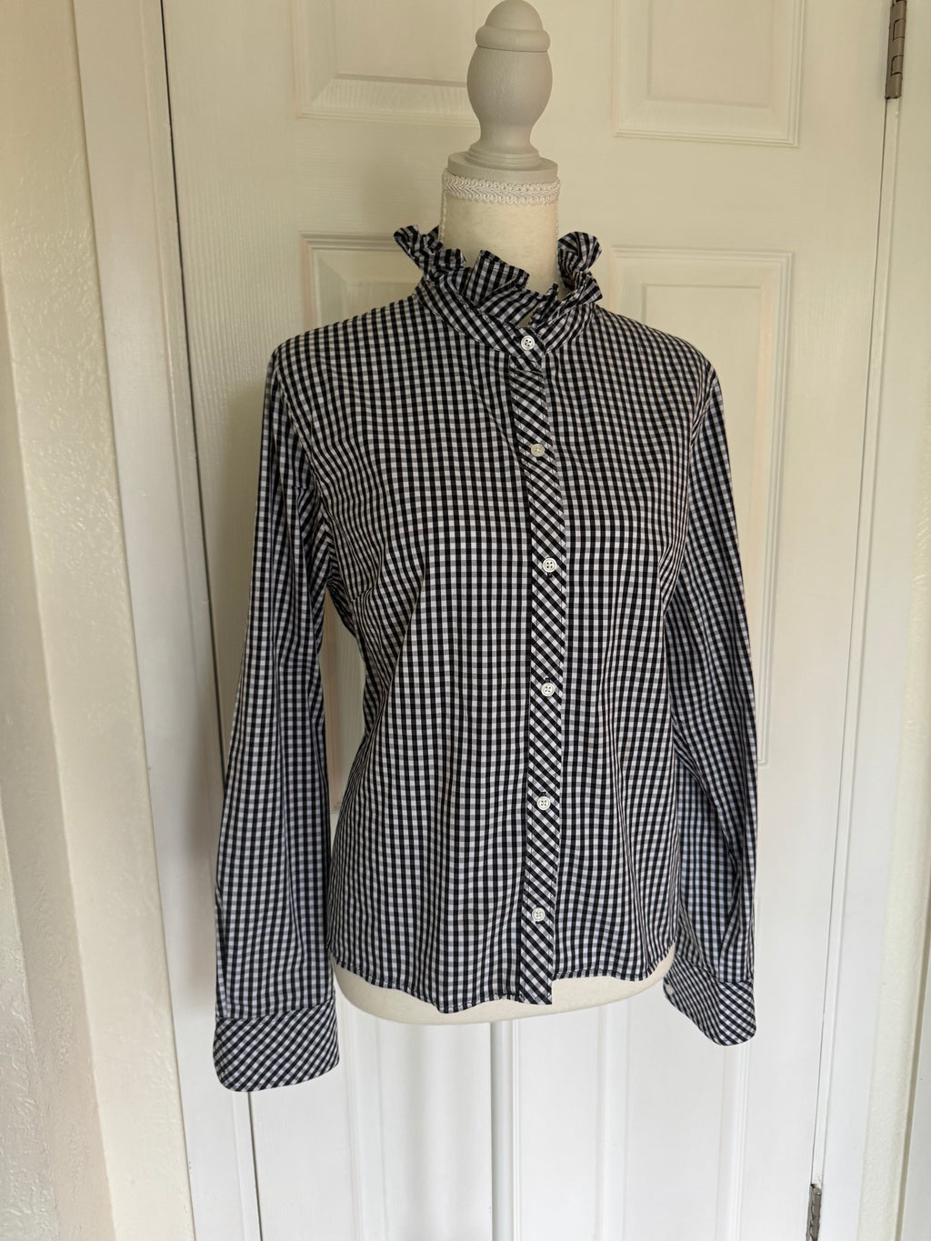 Elizabeth - 1901 Up-Cycled Men's Ruffle Shirt - Black and White Check - size Large/Extra Large