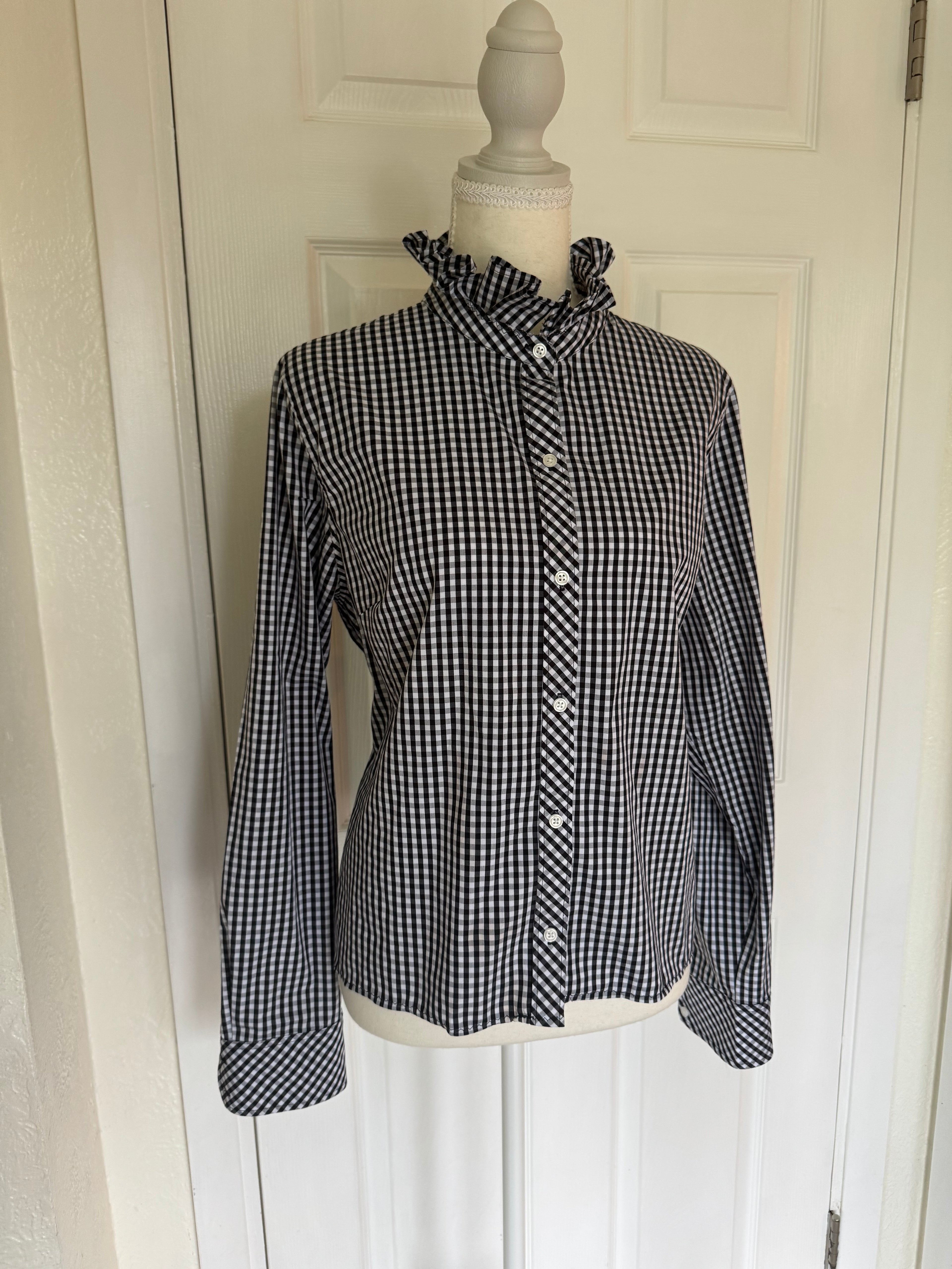 Elizabeth - 1901 Up-Cycled Men's Ruffle Shirt - Black and White Check - size Large/Extra Large