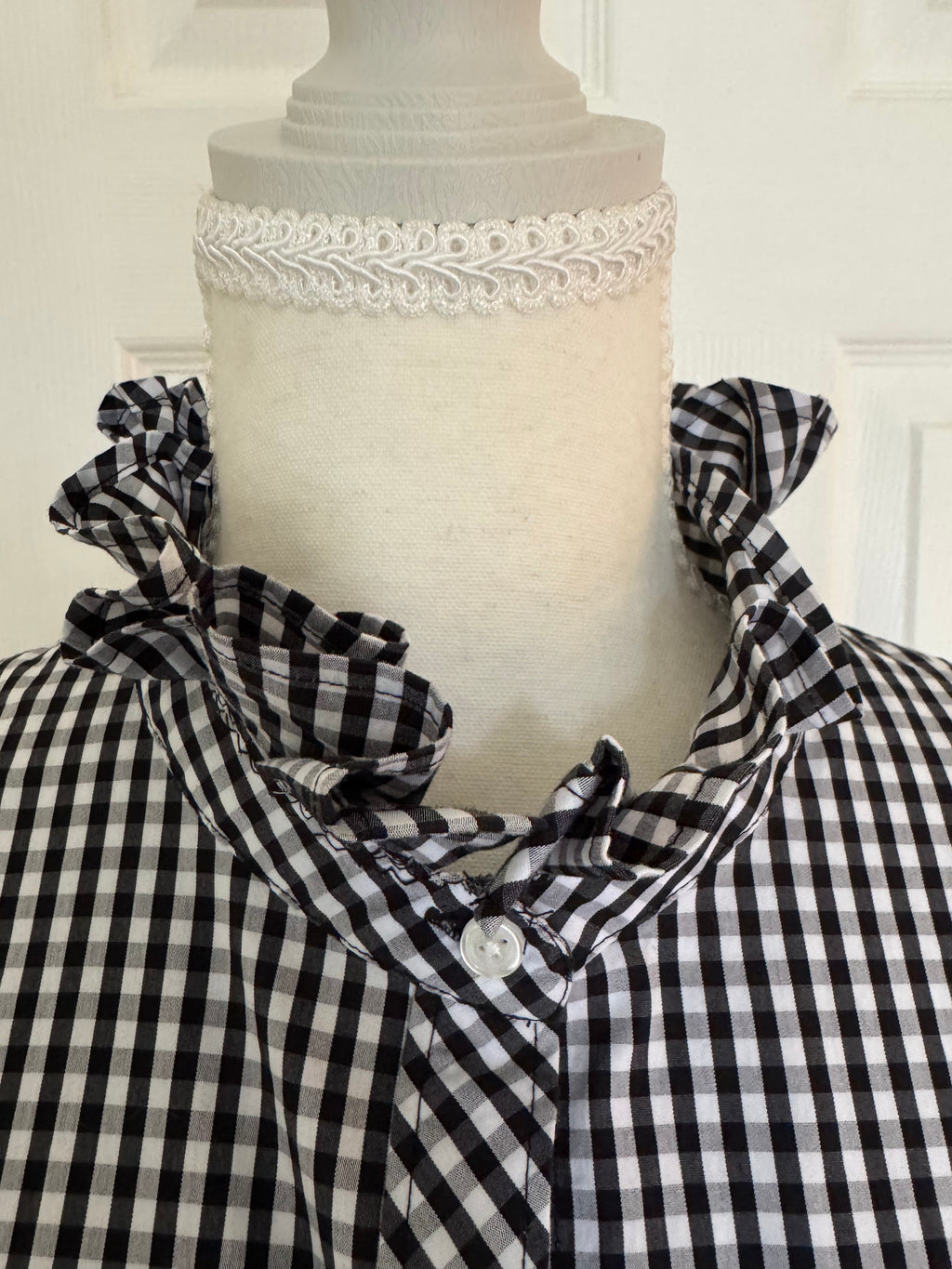 Elizabeth - 1901 Up-Cycled Men's Ruffle Shirt - Black and White Check - size Large/Extra Large