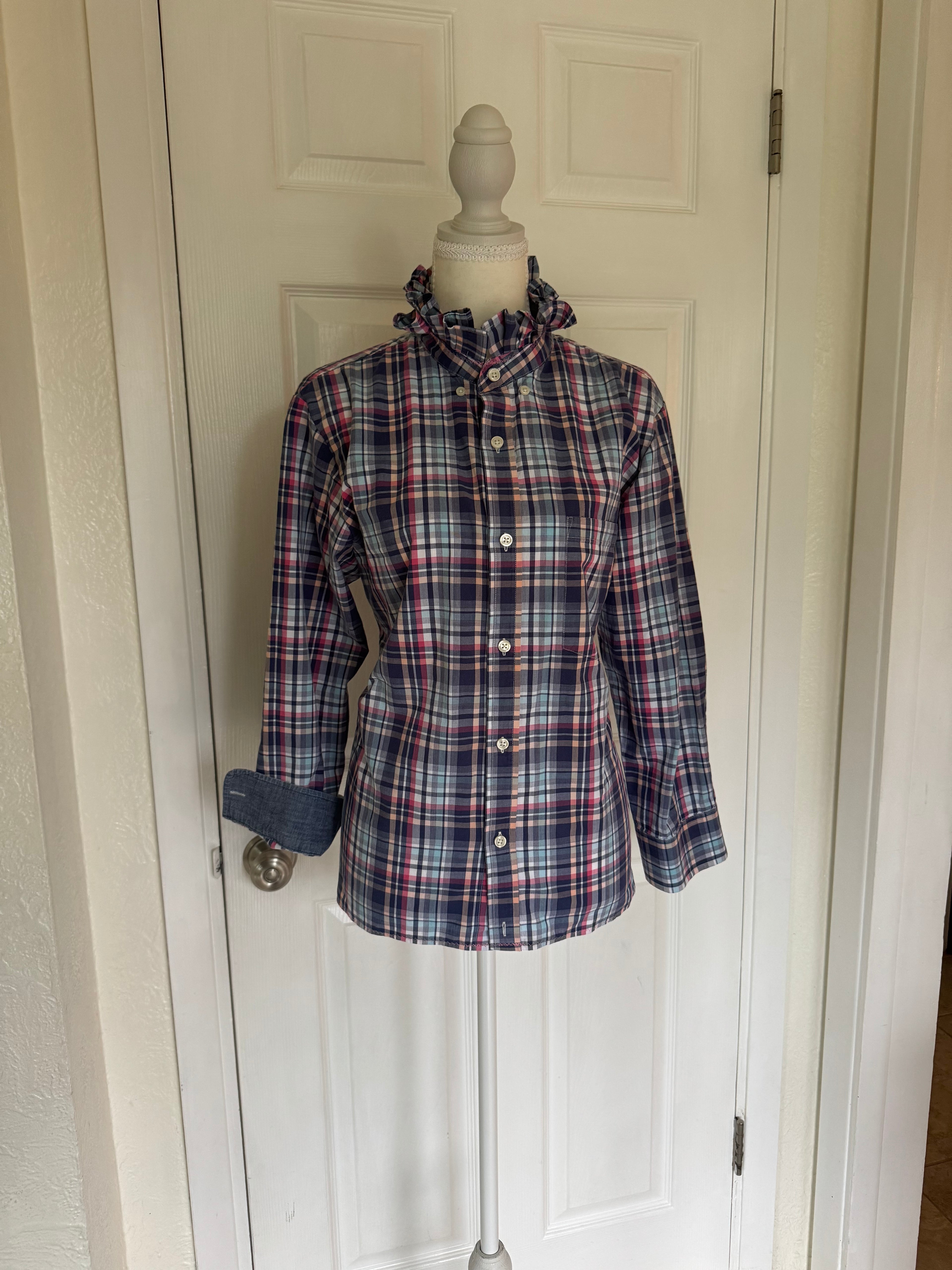 SOLD Bobbi - Banana Republic Mens Upcycled Ruffle Shirt - Plaid - Size Medium