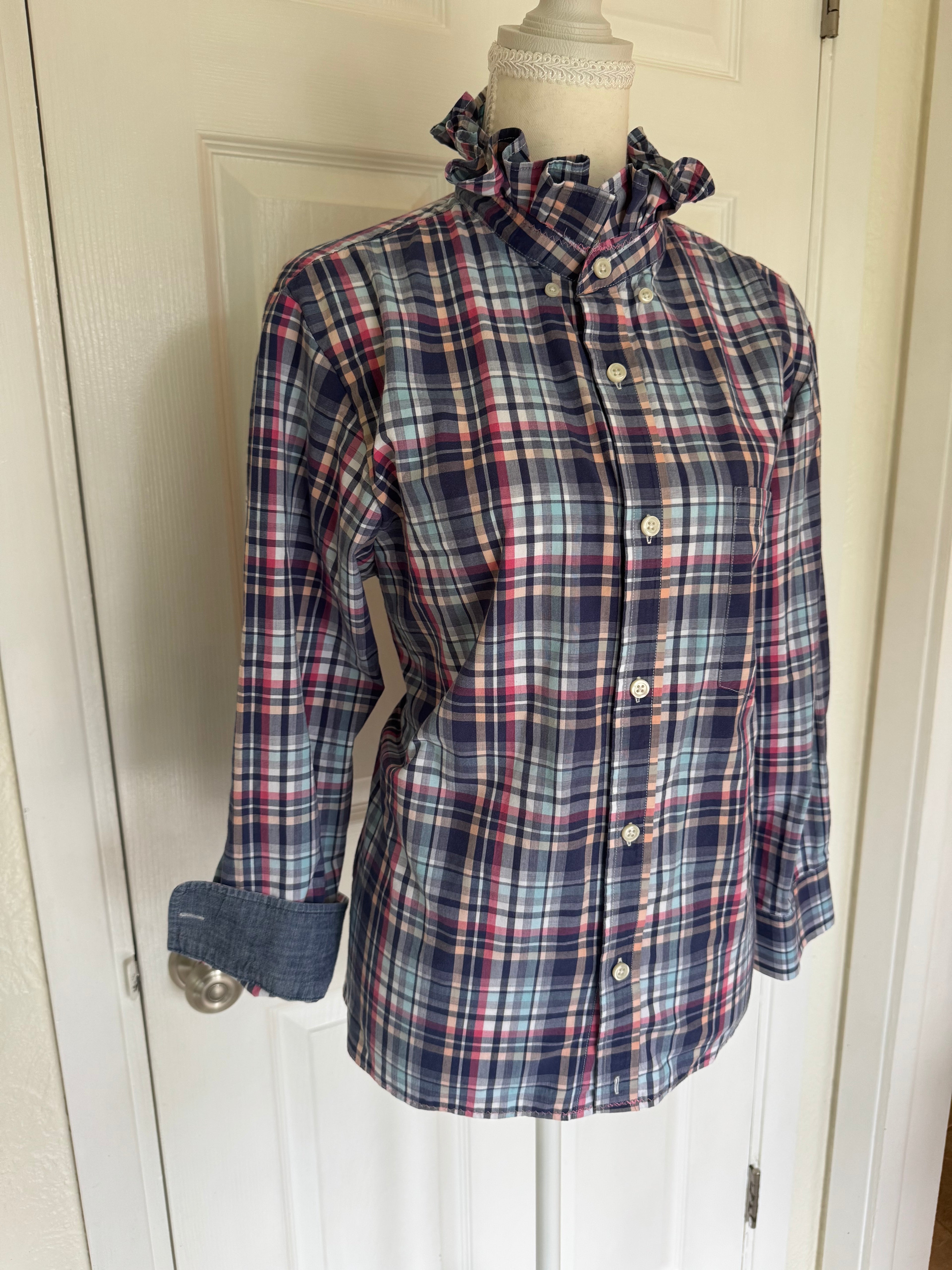 SOLD Bobbi - Banana Republic Mens Upcycled Ruffle Shirt - Plaid - Size Medium