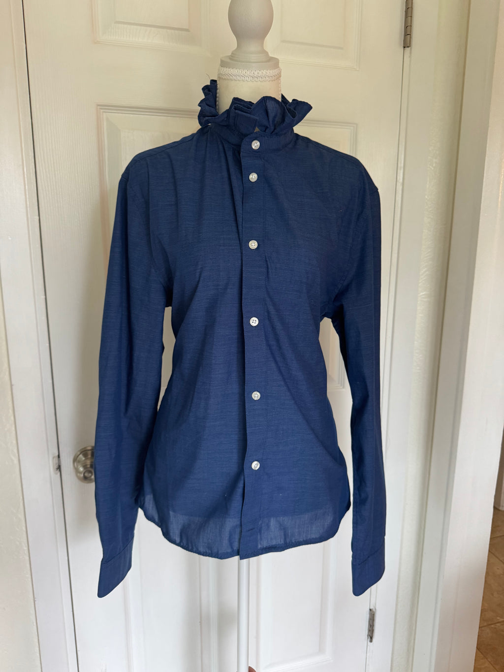 SOLD Trinity - H&M Mens Upcycled Ruffle Shirt - Navy Blue - Size Medium