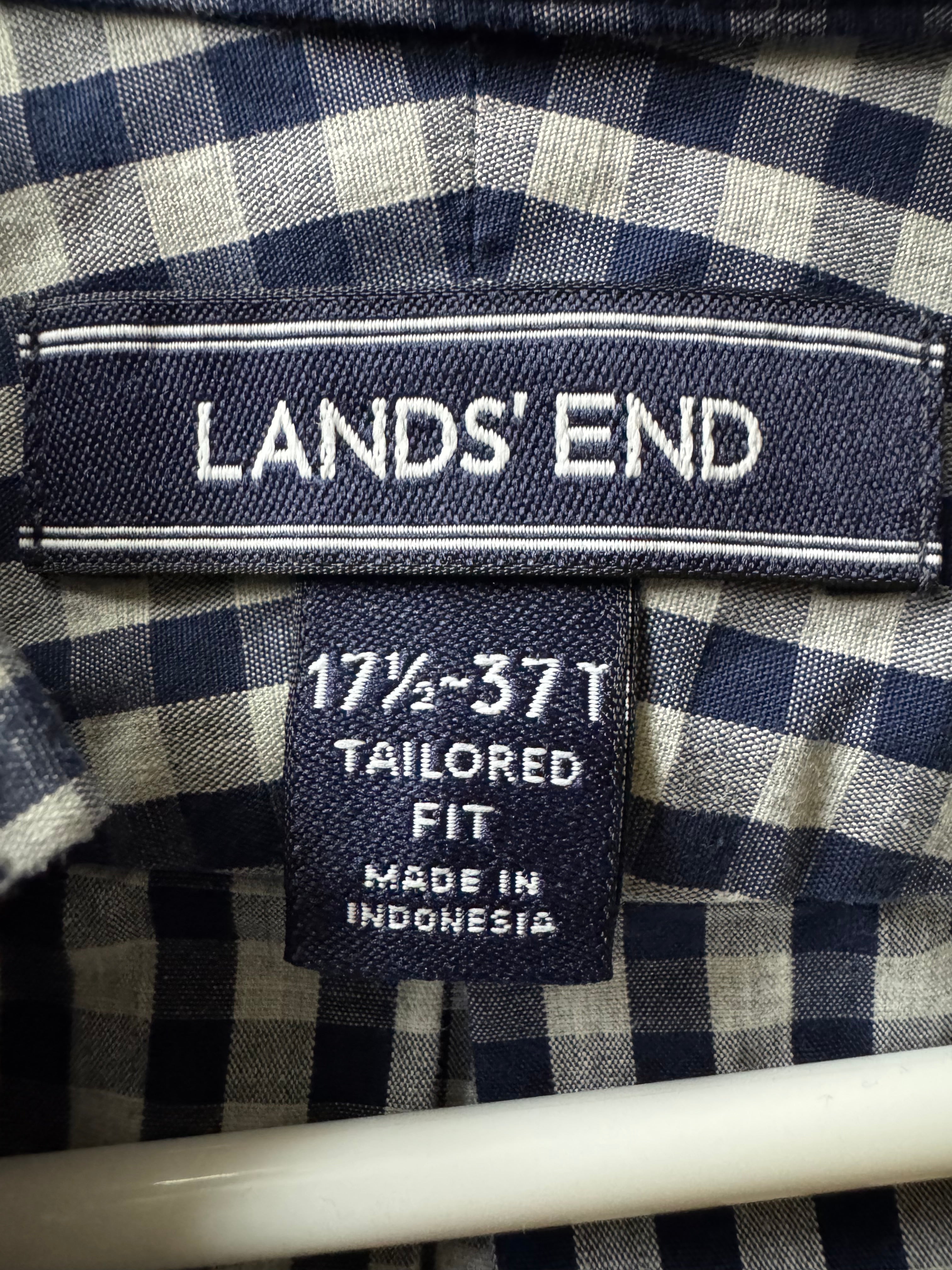SOLD Avery - Land's End Mens Ruffled Shirt - Navy Check - size Medium/Large