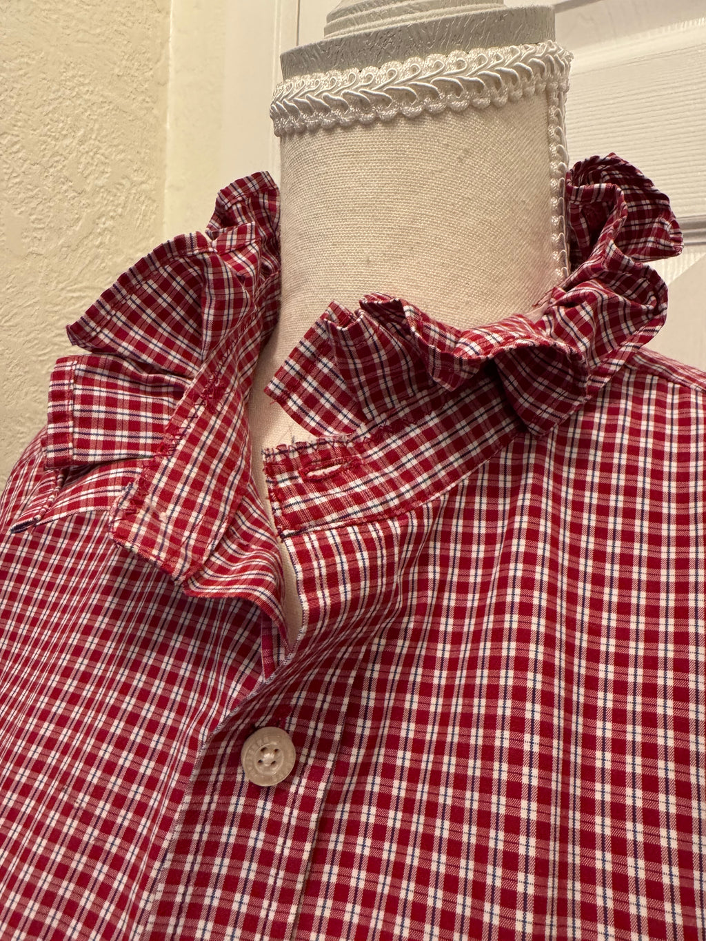 SOLD Hillary - Mens Upcycled Ruffle Shirt - Red Plaid - Size Medium