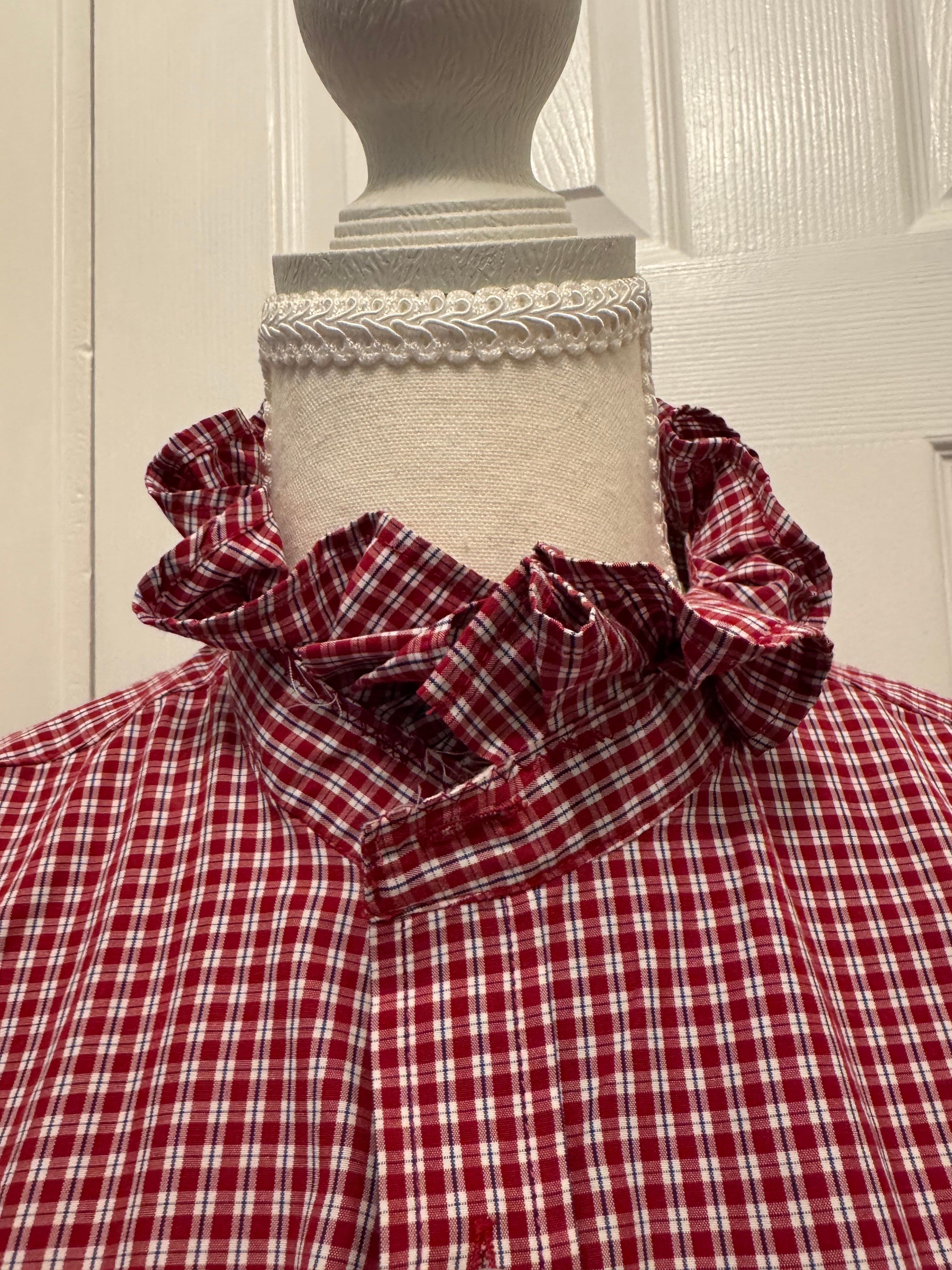 SOLD Hillary - Mens Upcycled Ruffle Shirt - Red Plaid - Size Medium