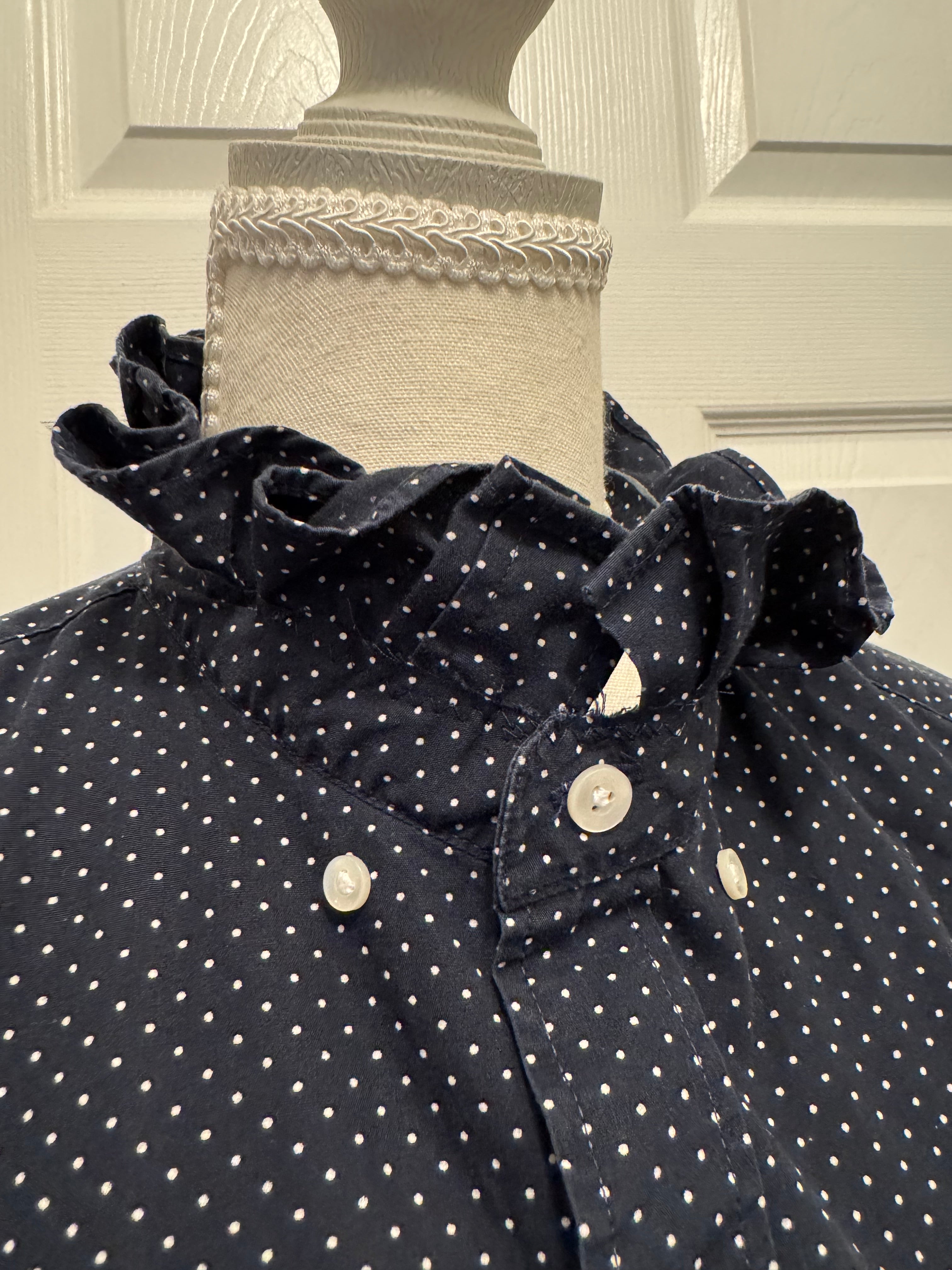 SOLD Ivy - J Crew Mens Ruffled Shirt - Navy with White Polka Dots - Size XL