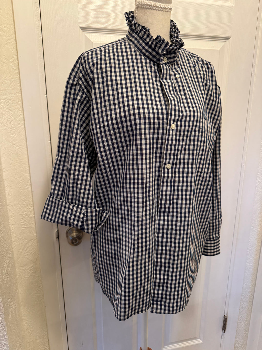 SOLD Avery - Land's End Mens Ruffled Shirt - Navy Check - size Medium/Large