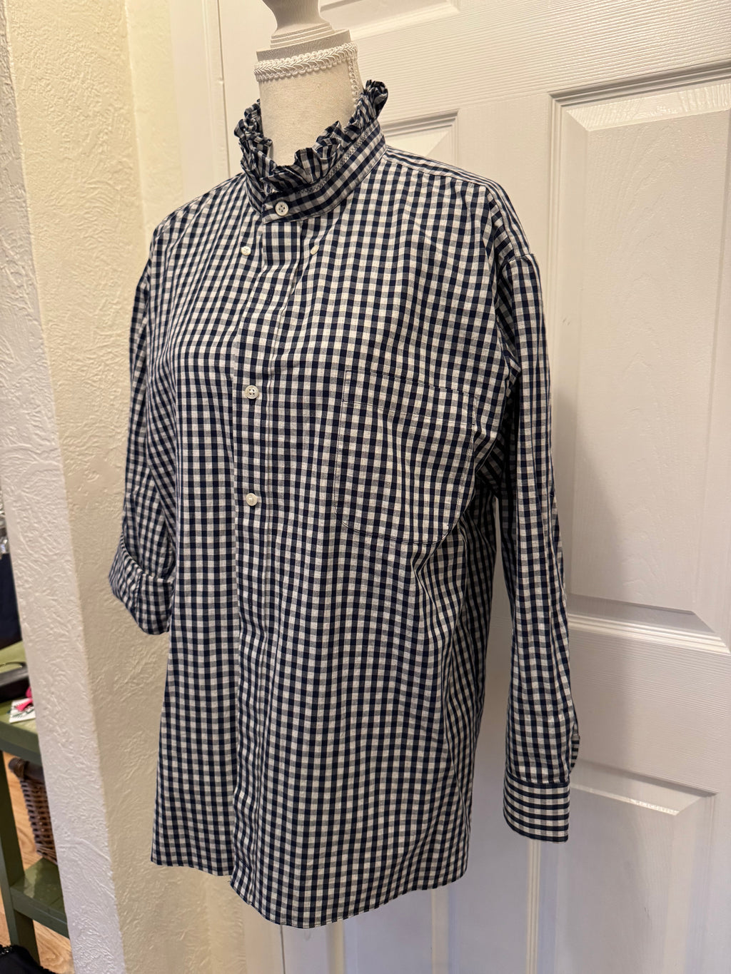 SOLD Quinn - Gap Men's Upcycled Ruffle Shirt - Black Check - Size Small