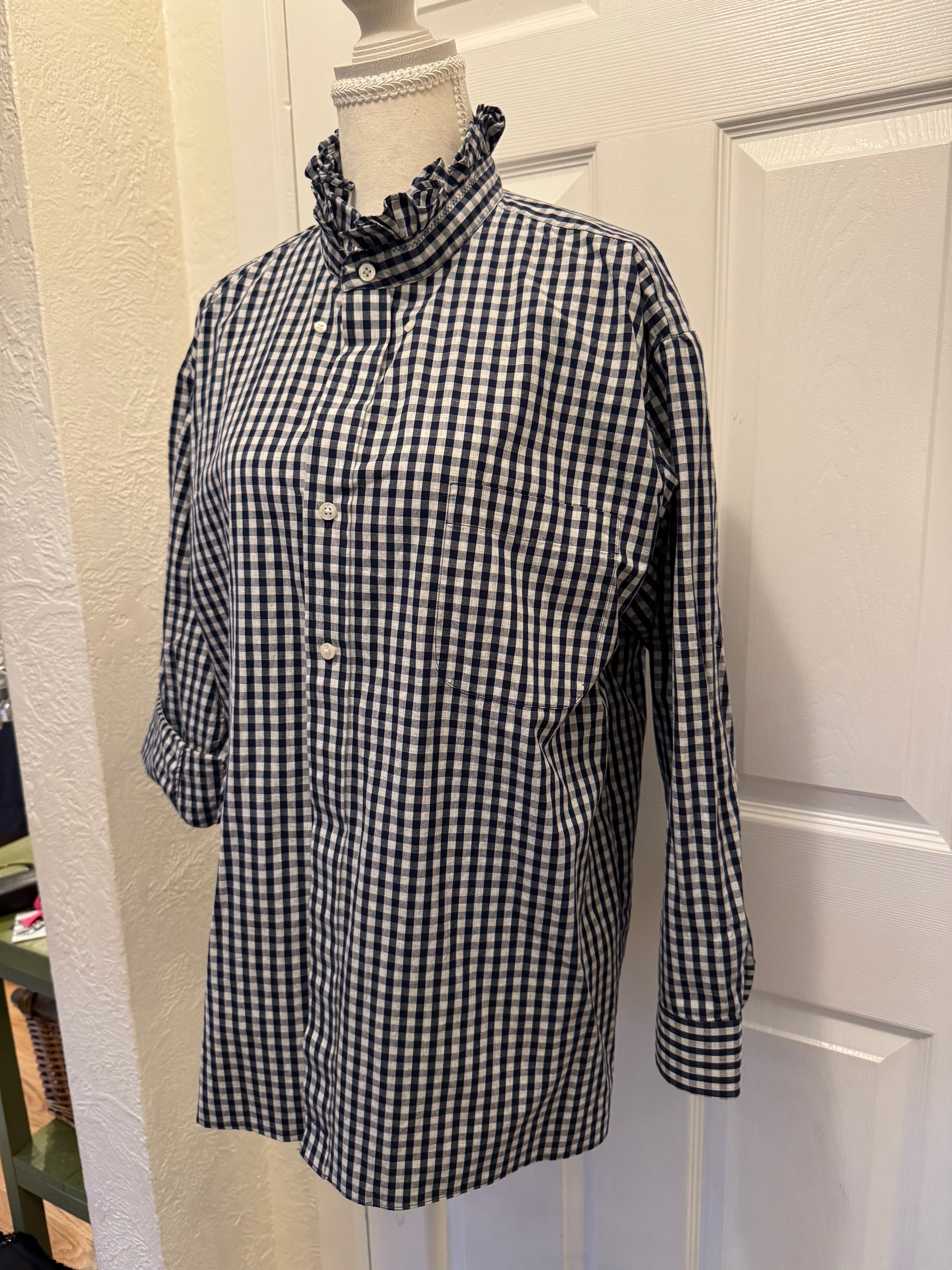 SOLD Quinn - Gap Men's Upcycled Ruffle Shirt - Black Check - Size Small