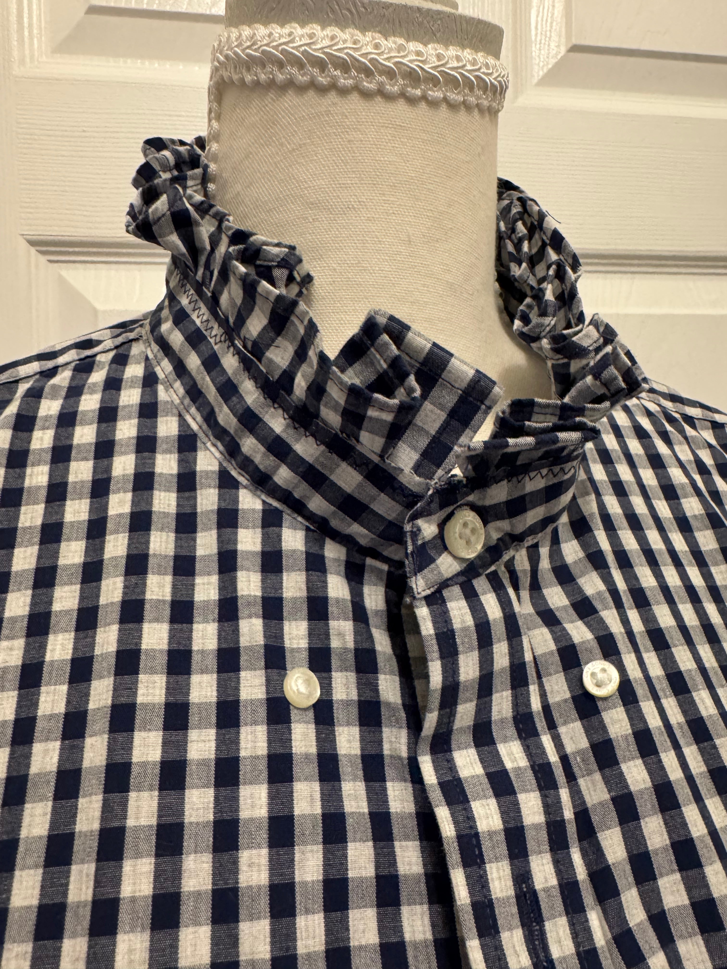SOLD Avery - Land's End Mens Ruffled Shirt - Navy Check - size Medium/Large