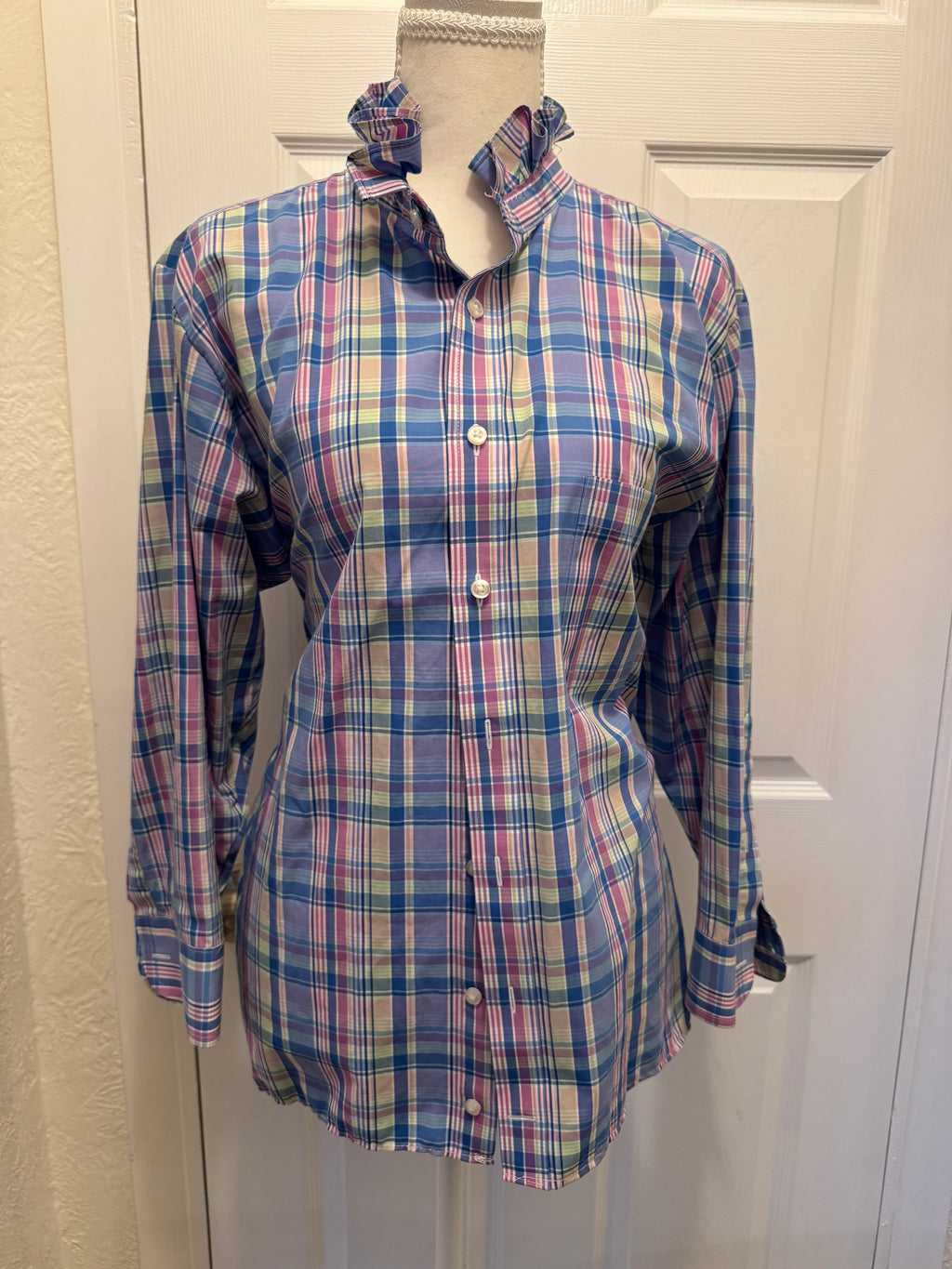 SOLD Harper - Stafford Mens Upcycled Ruffle Shirt - Pastel Plaid - Size Medium