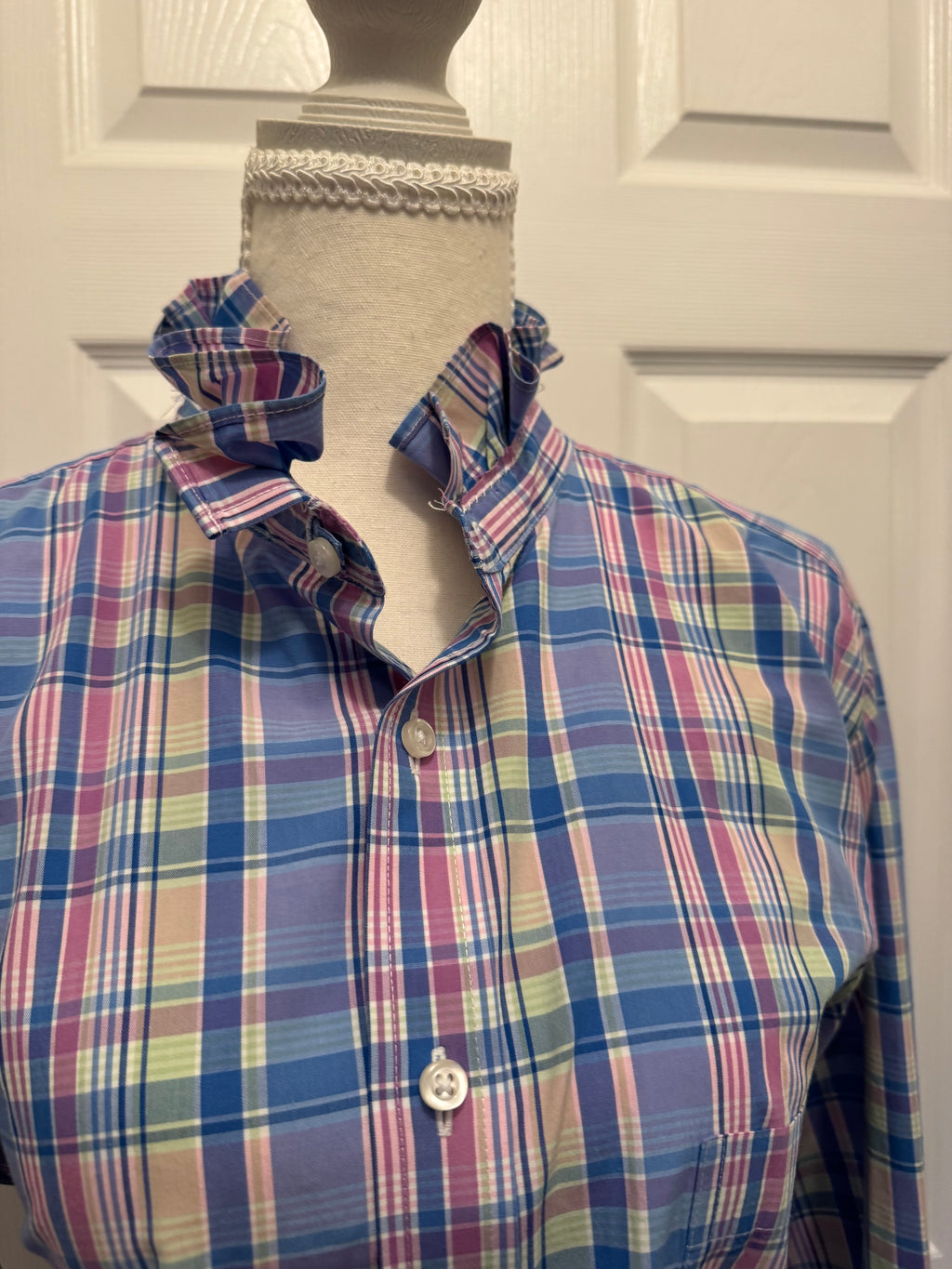 SOLD Harper - Stafford Mens Upcycled Ruffle Shirt - Pastel Plaid - Size Medium