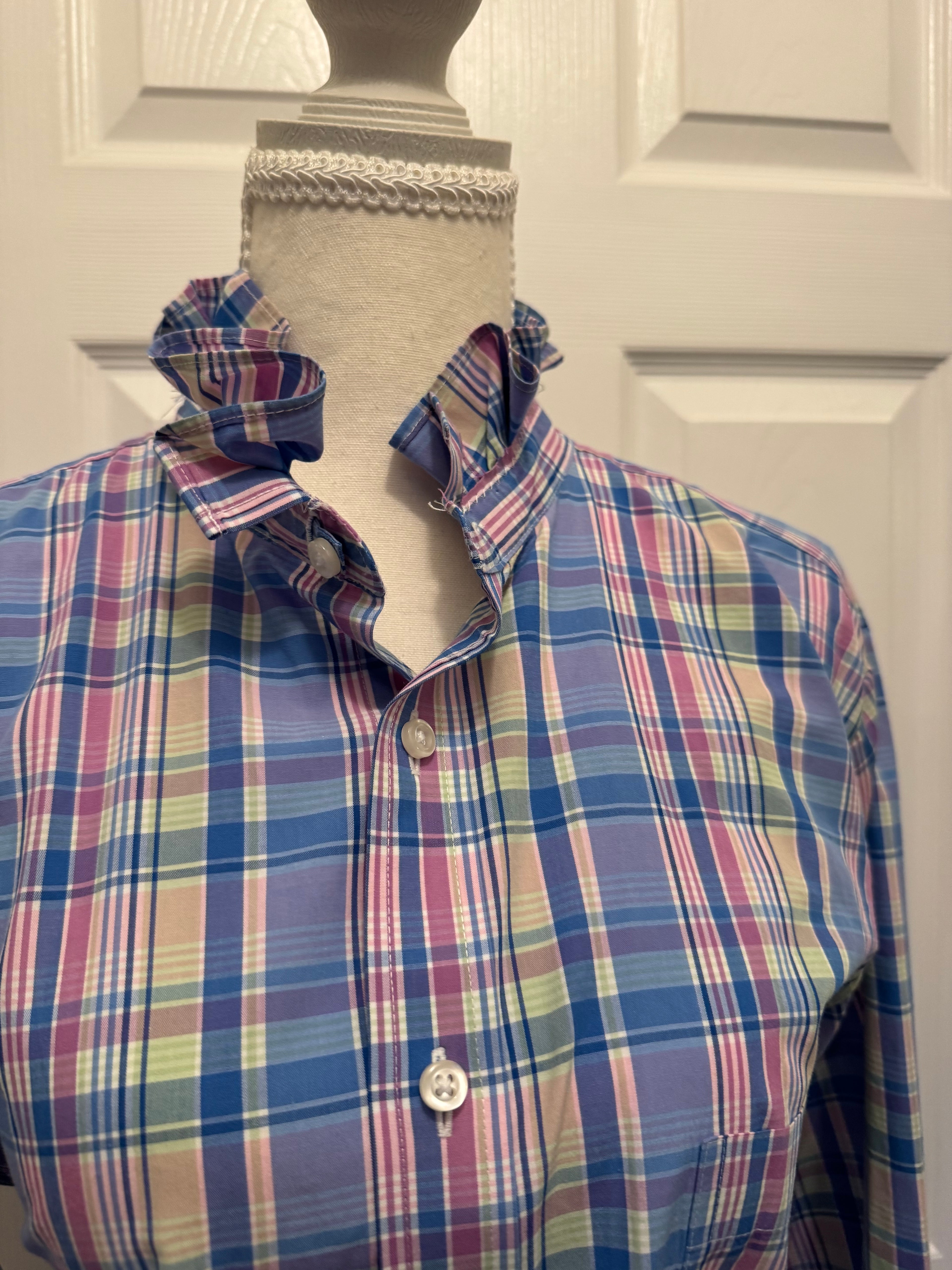 SOLD Harper - Stafford Mens Upcycled Ruffle Shirt - Pastel Plaid - Size Medium