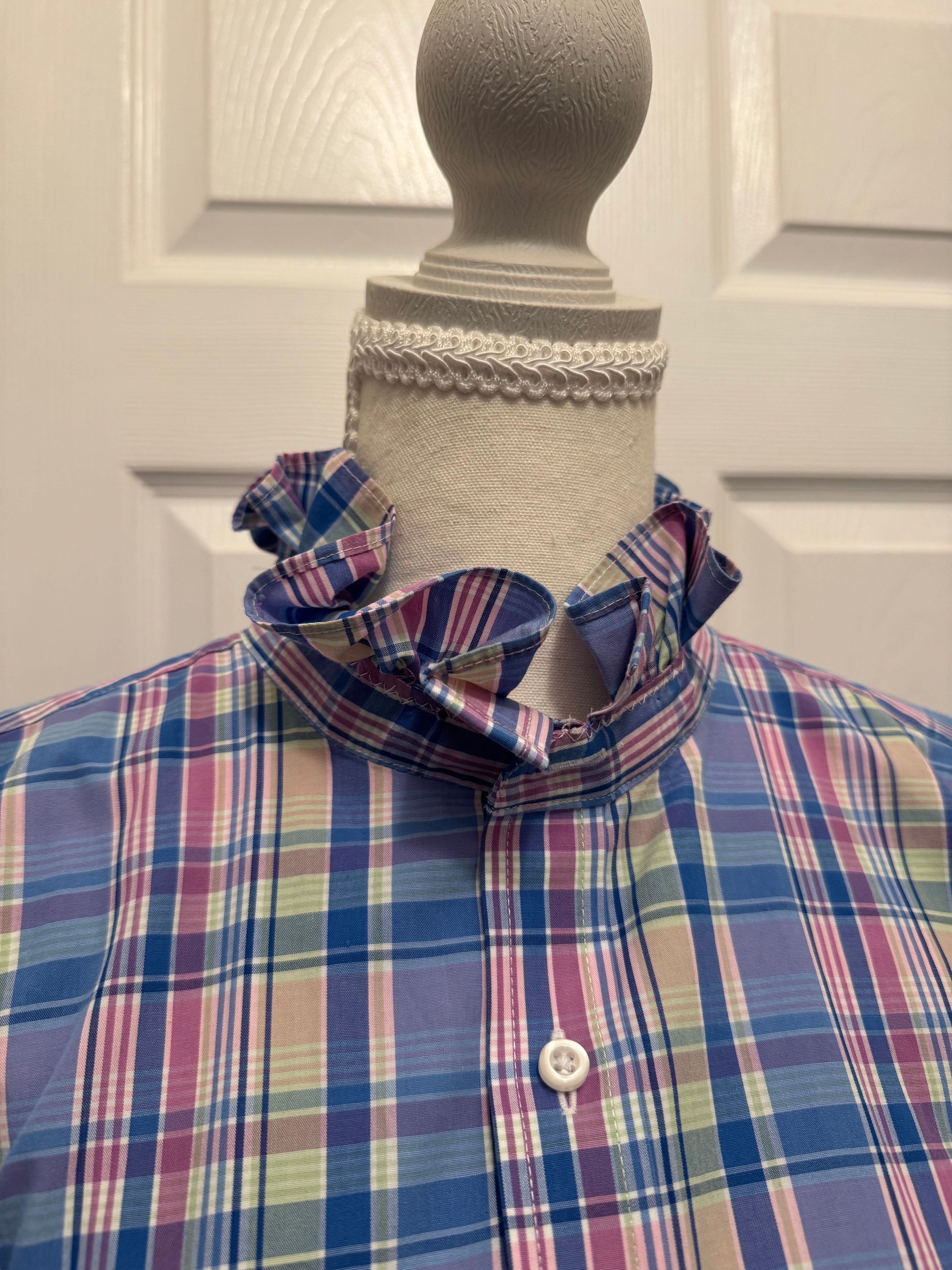 SOLD Harper - Stafford Mens Upcycled Ruffle Shirt - Pastel Plaid - Size Medium