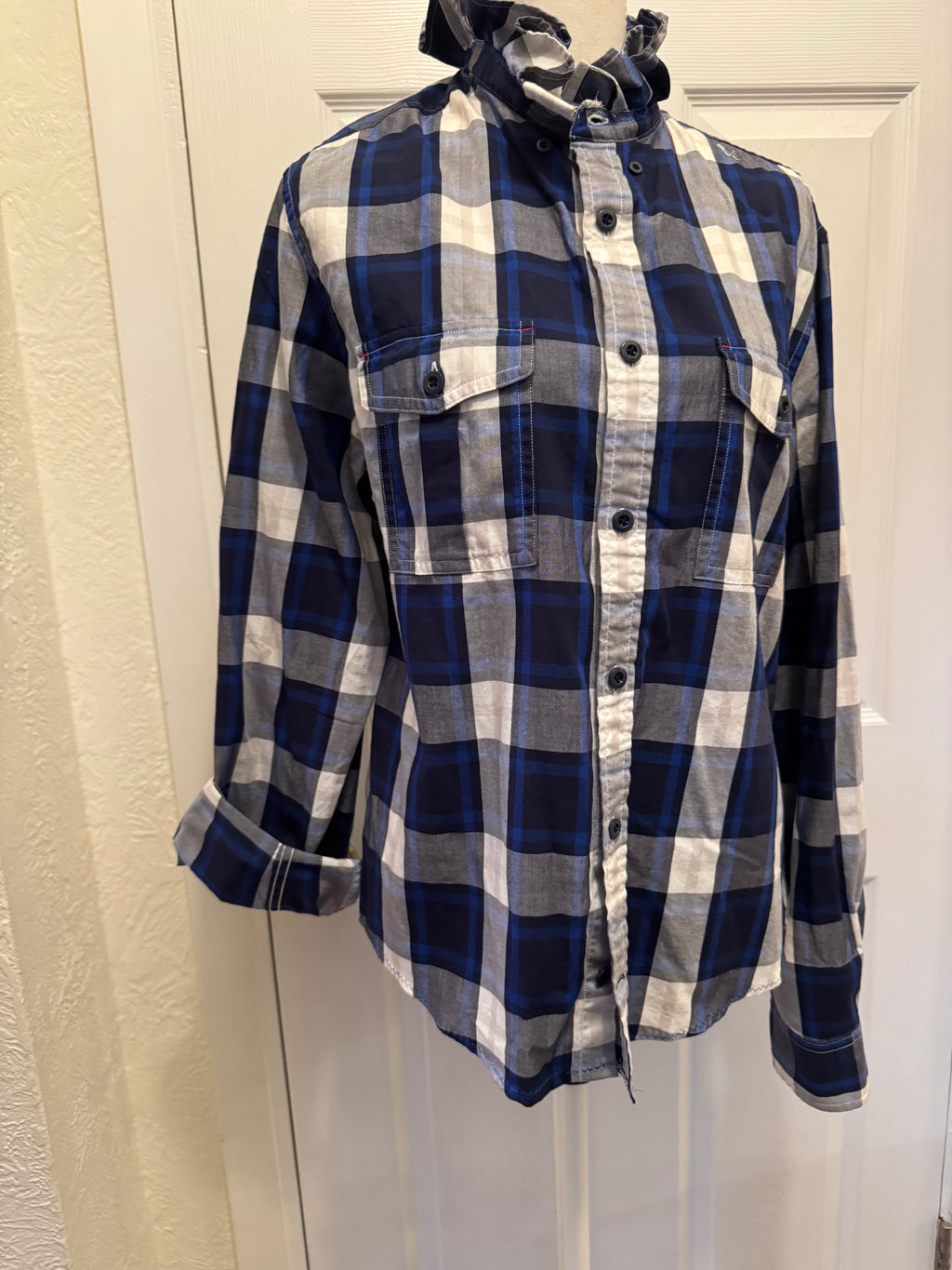 Sold Brooklyn - Tommy Hilfiger Mens Upcycled Ruffled Shirt - blue/black/white plaid - size Medium/Large