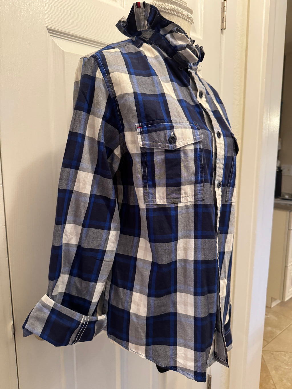 Sold Brooklyn - Tommy Hilfiger Mens Upcycled Ruffled Shirt - blue/black/white plaid - size Medium/Large