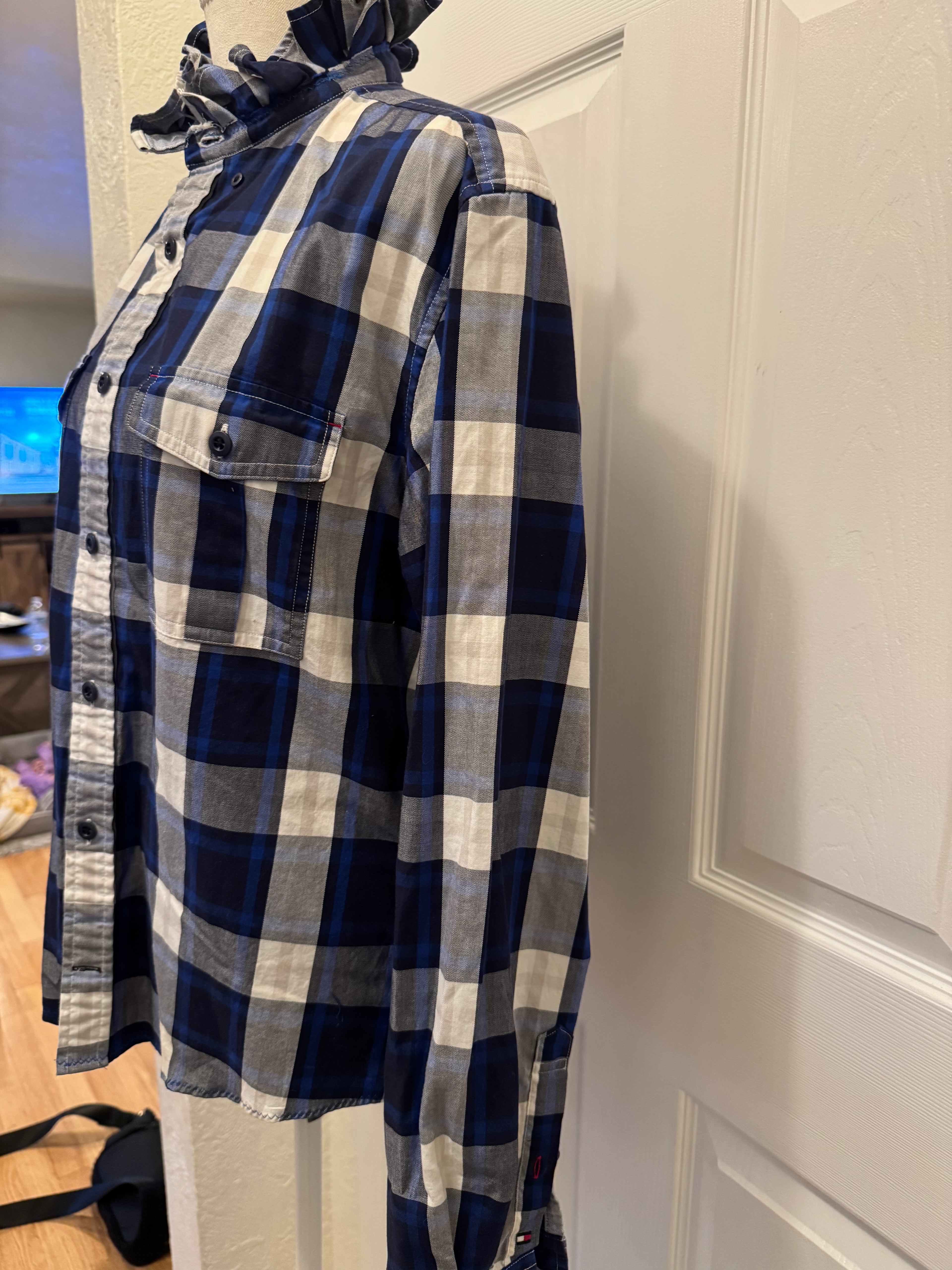 Sold Brooklyn - Tommy Hilfiger Mens Upcycled Ruffled Shirt - blue/black/white plaid - size Medium/Large