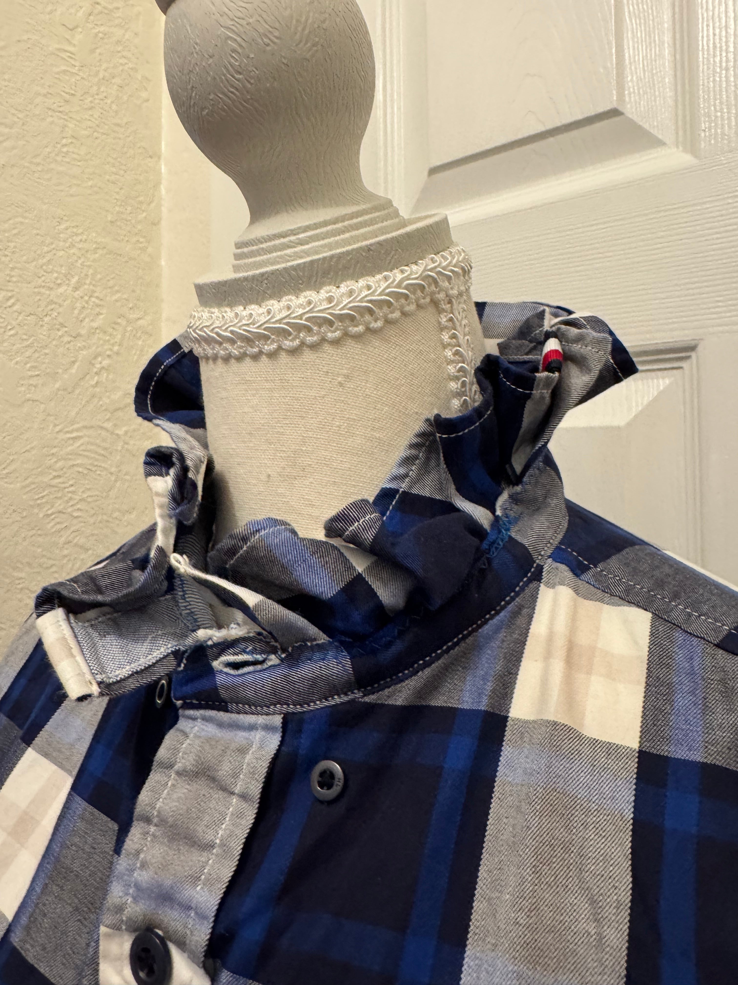 Sold Brooklyn - Tommy Hilfiger Mens Upcycled Ruffled Shirt - blue/black/white plaid - size Medium/Large