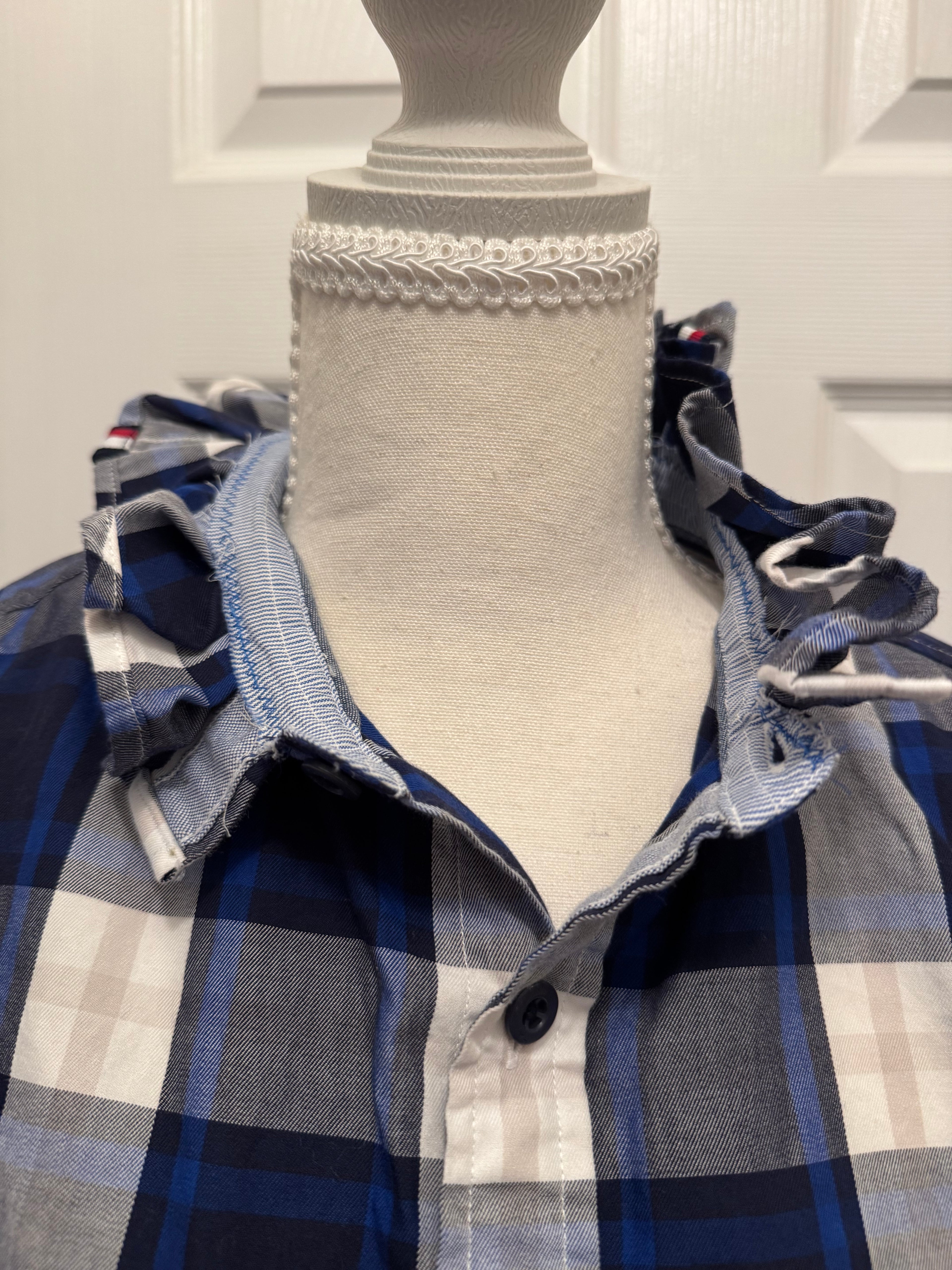 Sold Brooklyn - Tommy Hilfiger Mens Upcycled Ruffled Shirt - blue/black/white plaid - size Medium/Large
