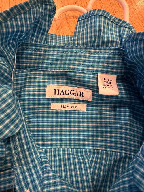 Bella - Haggar Men's Upcycled Ruffle Shirt - Blue checkered - size Small/Medium
