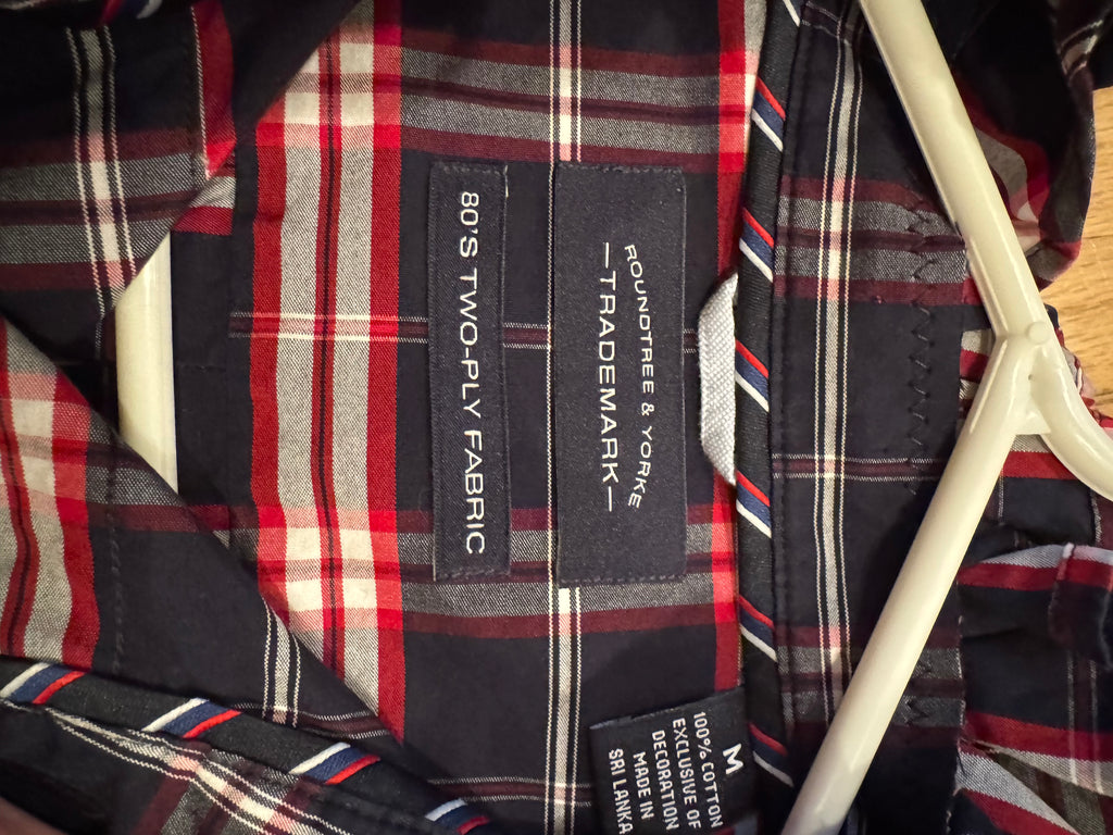 SOLD Scarlet - Roundtree and Yorke Mens Upcycled Ruffle Collar and Sleeves Shirt - navy and red plaid - size Medium