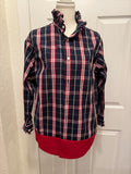 SOLD Scarlet - Roundtree and Yorke Mens Upcycled Ruffle Collar and Sleeves Shirt - navy and red plaid - size Medium