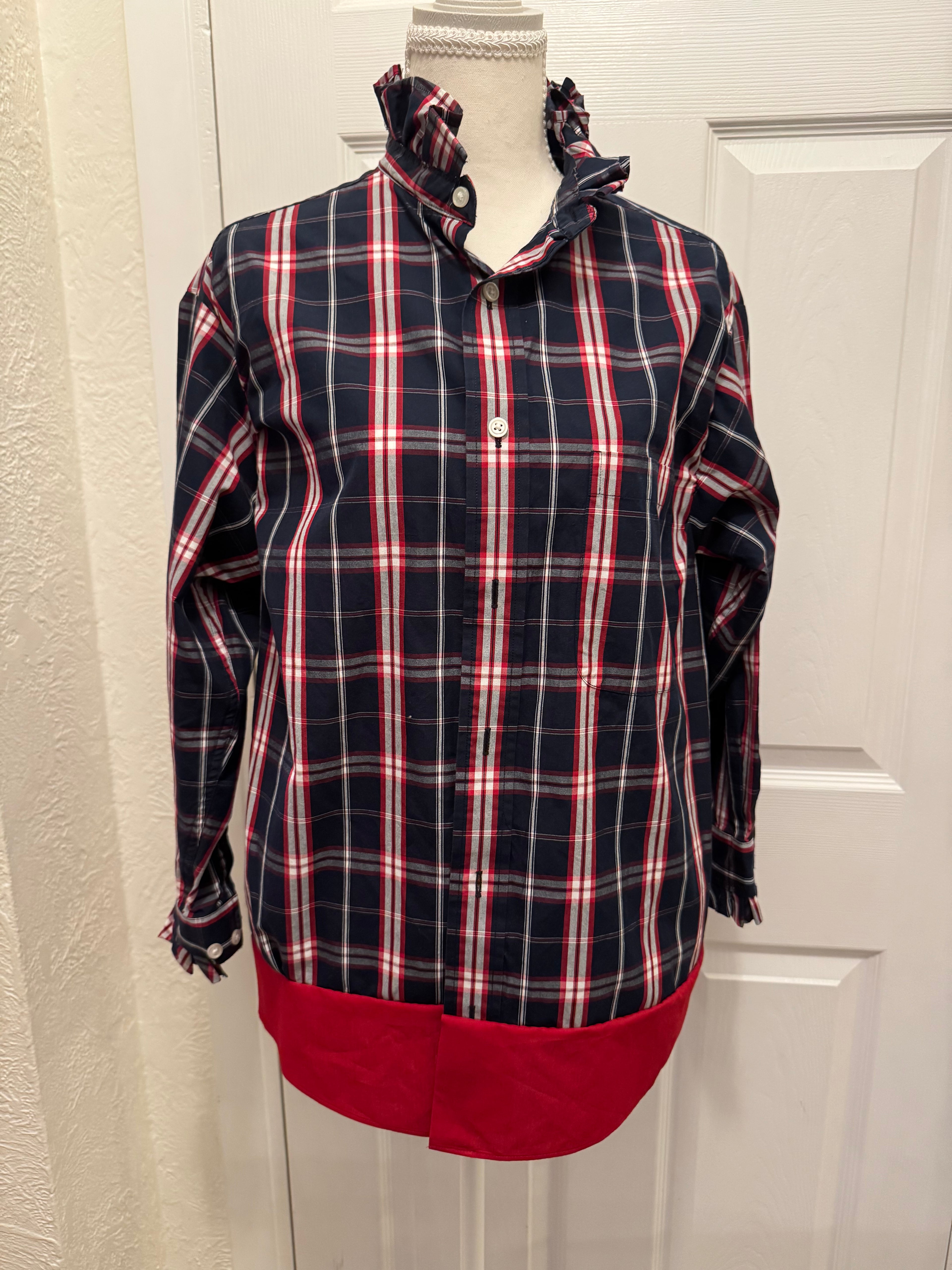 SOLD Scarlet - Roundtree and Yorke Mens Upcycled Ruffle Collar and Sleeves Shirt - navy and red plaid - size Medium