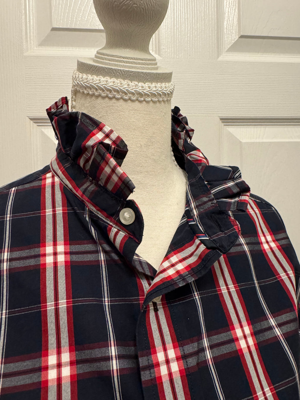 SOLD Scarlet - Roundtree and Yorke Mens Upcycled Ruffle Collar and Sleeves Shirt - navy and red plaid - size Medium