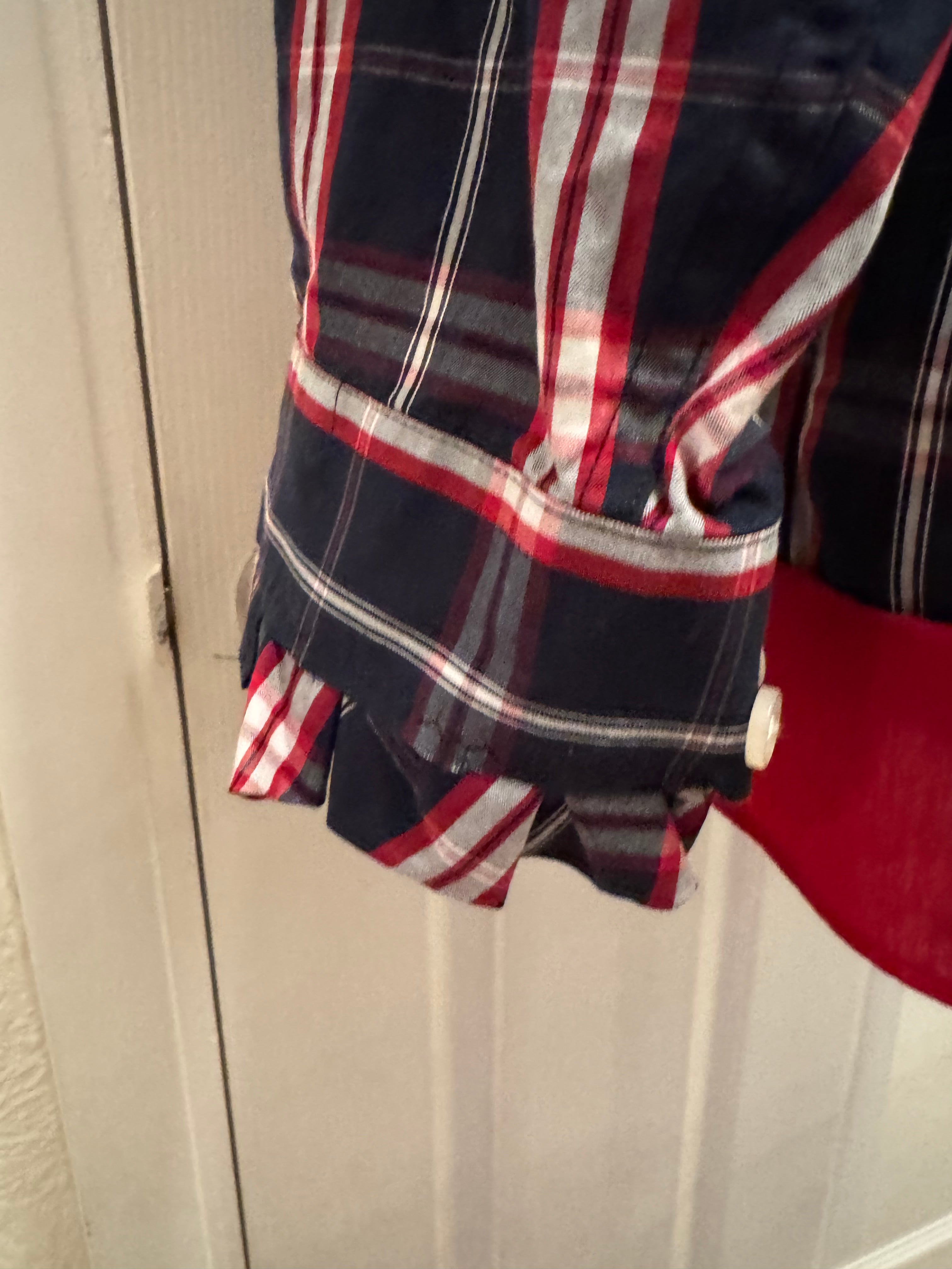 SOLD Scarlet - Roundtree and Yorke Mens Upcycled Ruffle Collar and Sleeves Shirt - navy and red plaid - size Medium