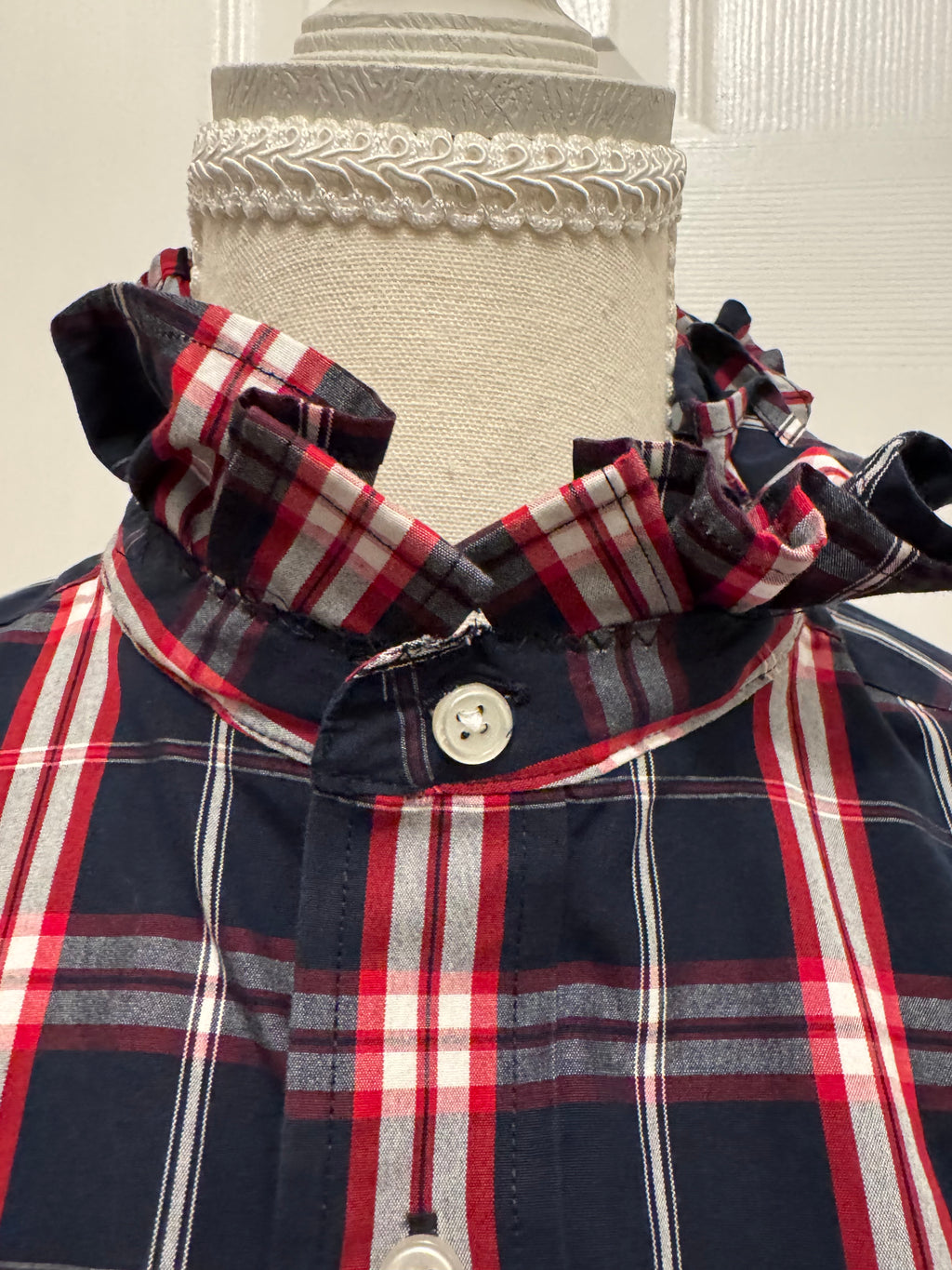 SOLD Scarlet - Roundtree and Yorke Mens Upcycled Ruffle Collar and Sleeves Shirt - navy and red plaid - size Medium