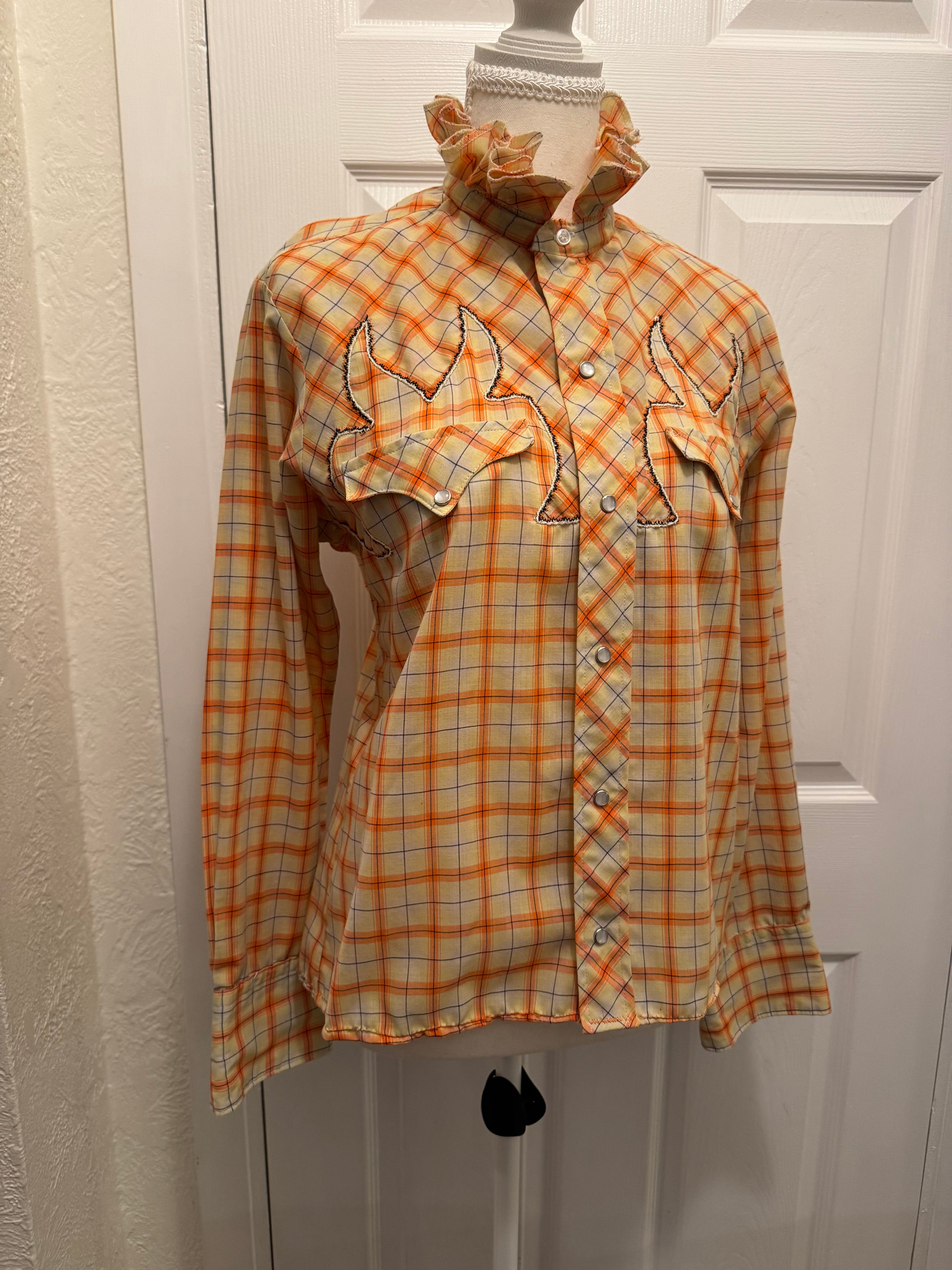 SOLD Lita - Vintage 80s Mens Upcycled Ruffle Shirt - yellow/orange plaid with flame detail - size Medium