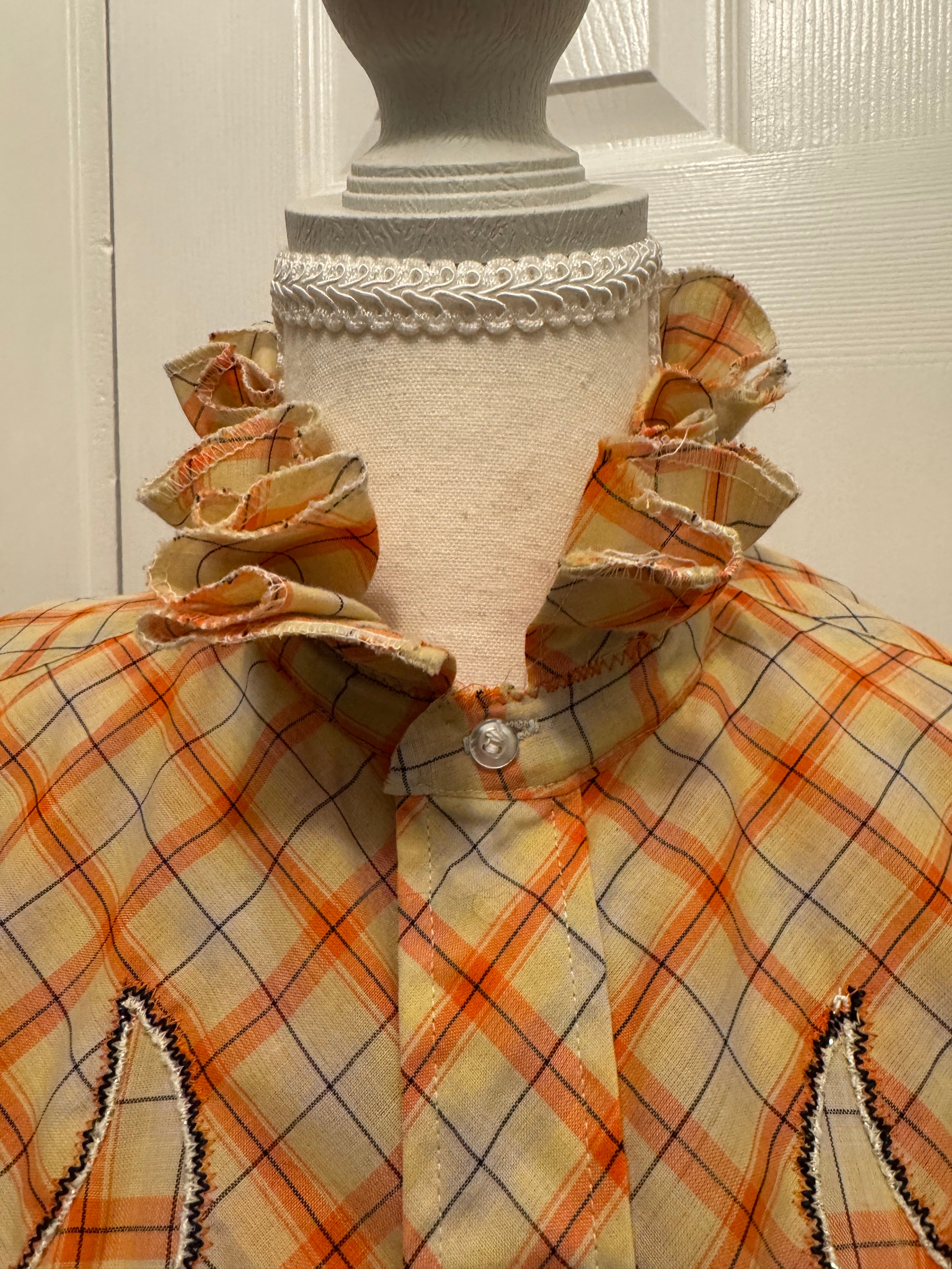 SOLD Lita - Vintage 80s Mens Upcycled Ruffle Shirt - yellow/orange plaid with flame detail - size Medium