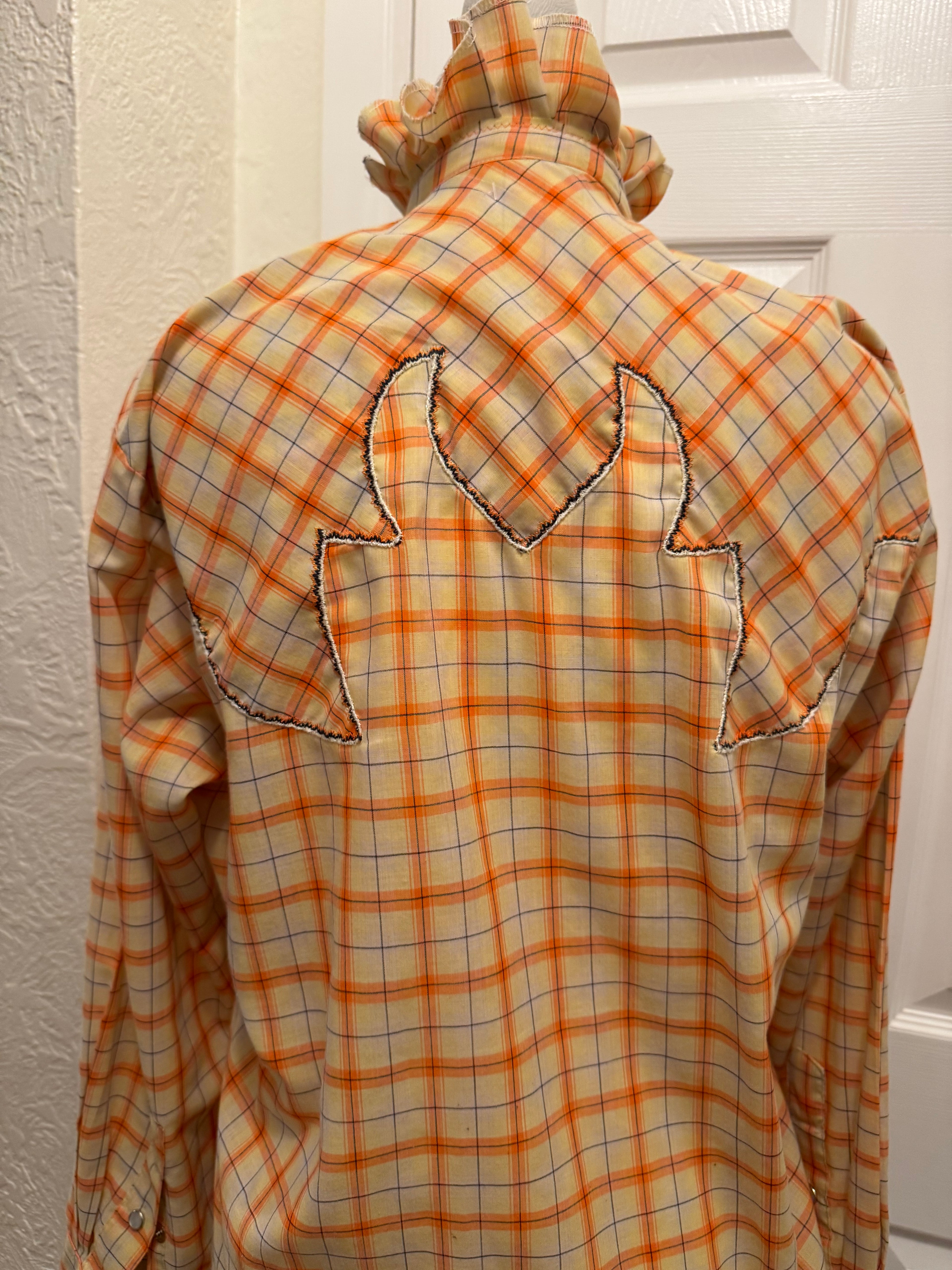 SOLD Lita - Vintage 80s Mens Upcycled Ruffle Shirt - yellow/orange plaid with flame detail - size Medium