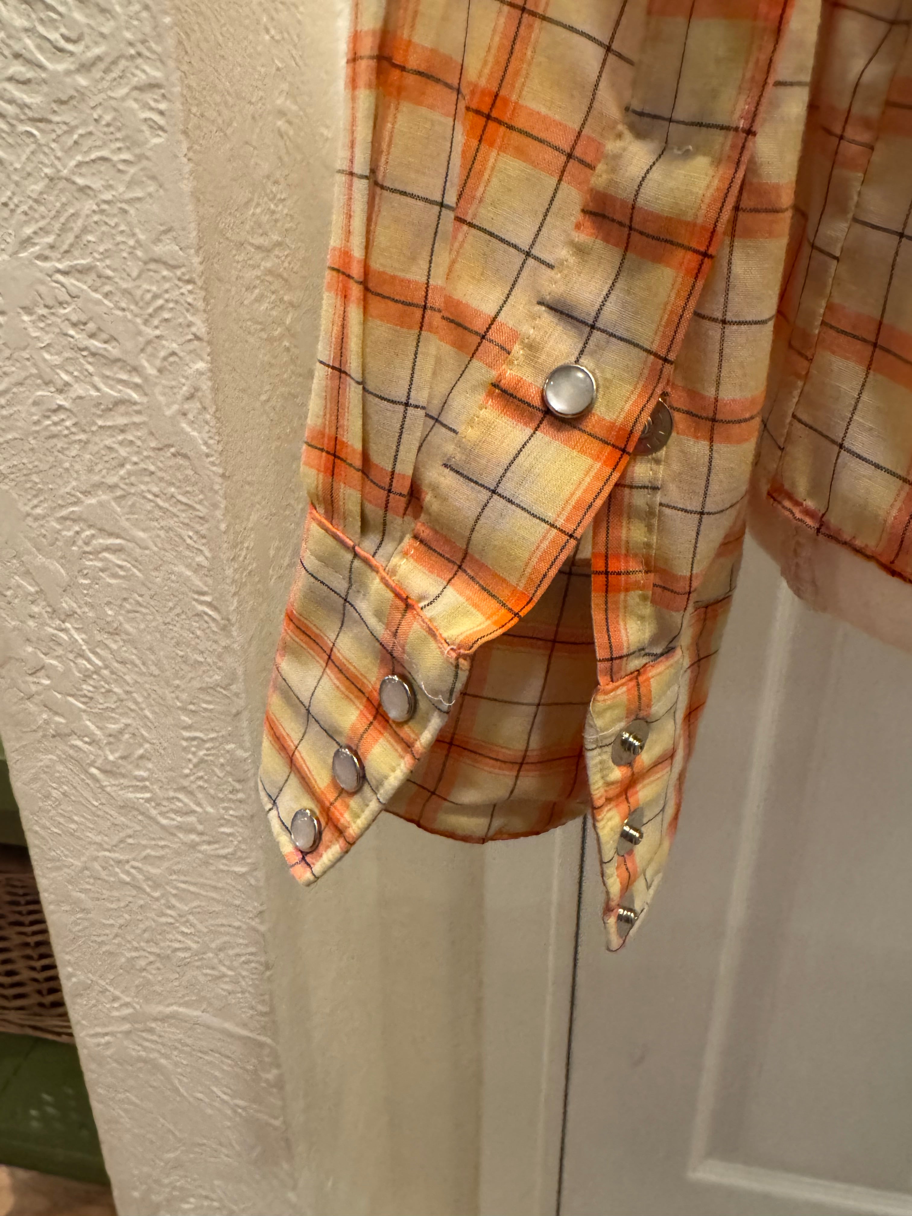 SOLD Lita - Vintage 80s Mens Upcycled Ruffle Shirt - yellow/orange plaid with flame detail - size Medium