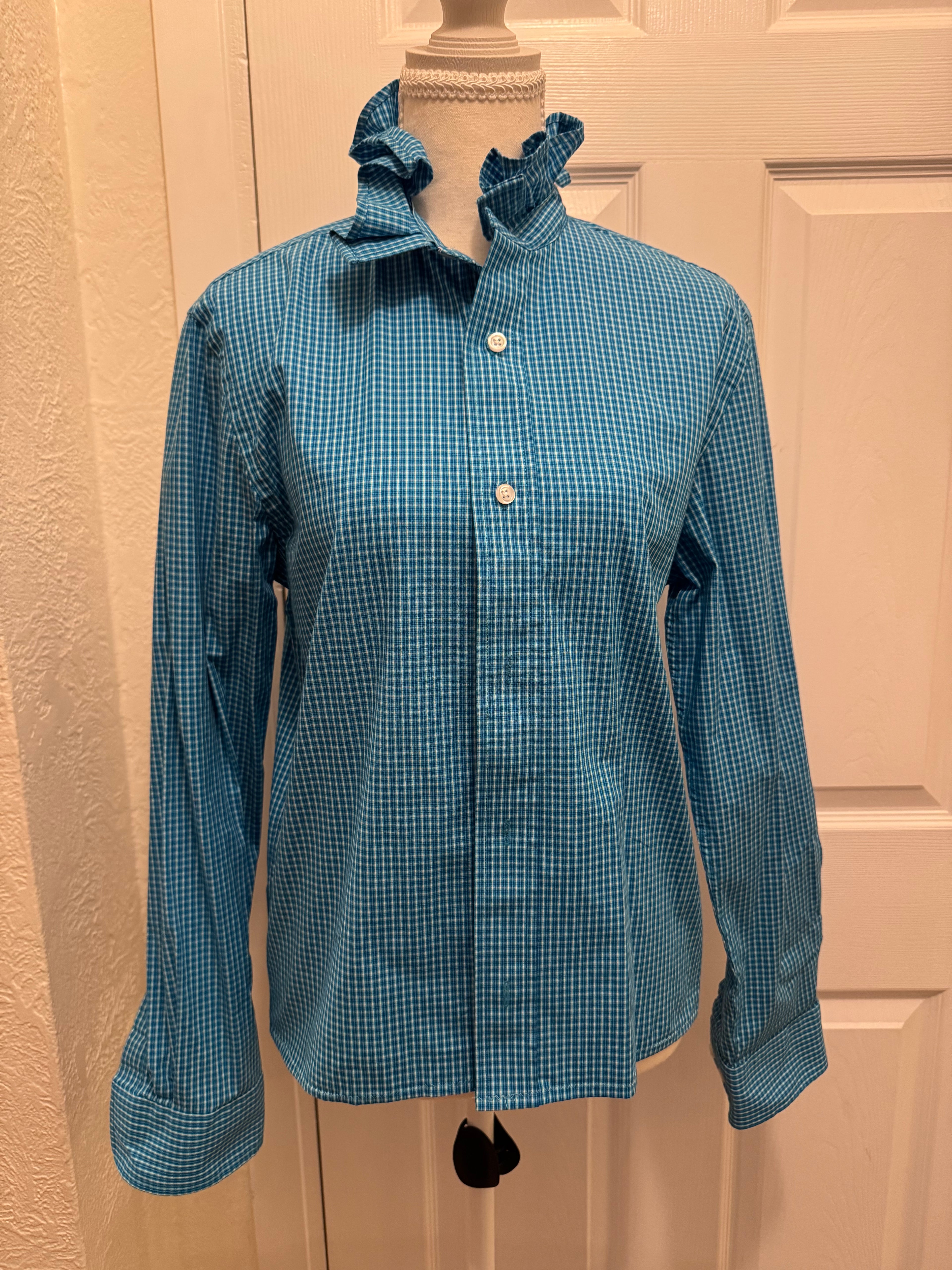 Bella - Haggar Men's Upcycled Ruffle Shirt - Blue checkered - size Small/Medium