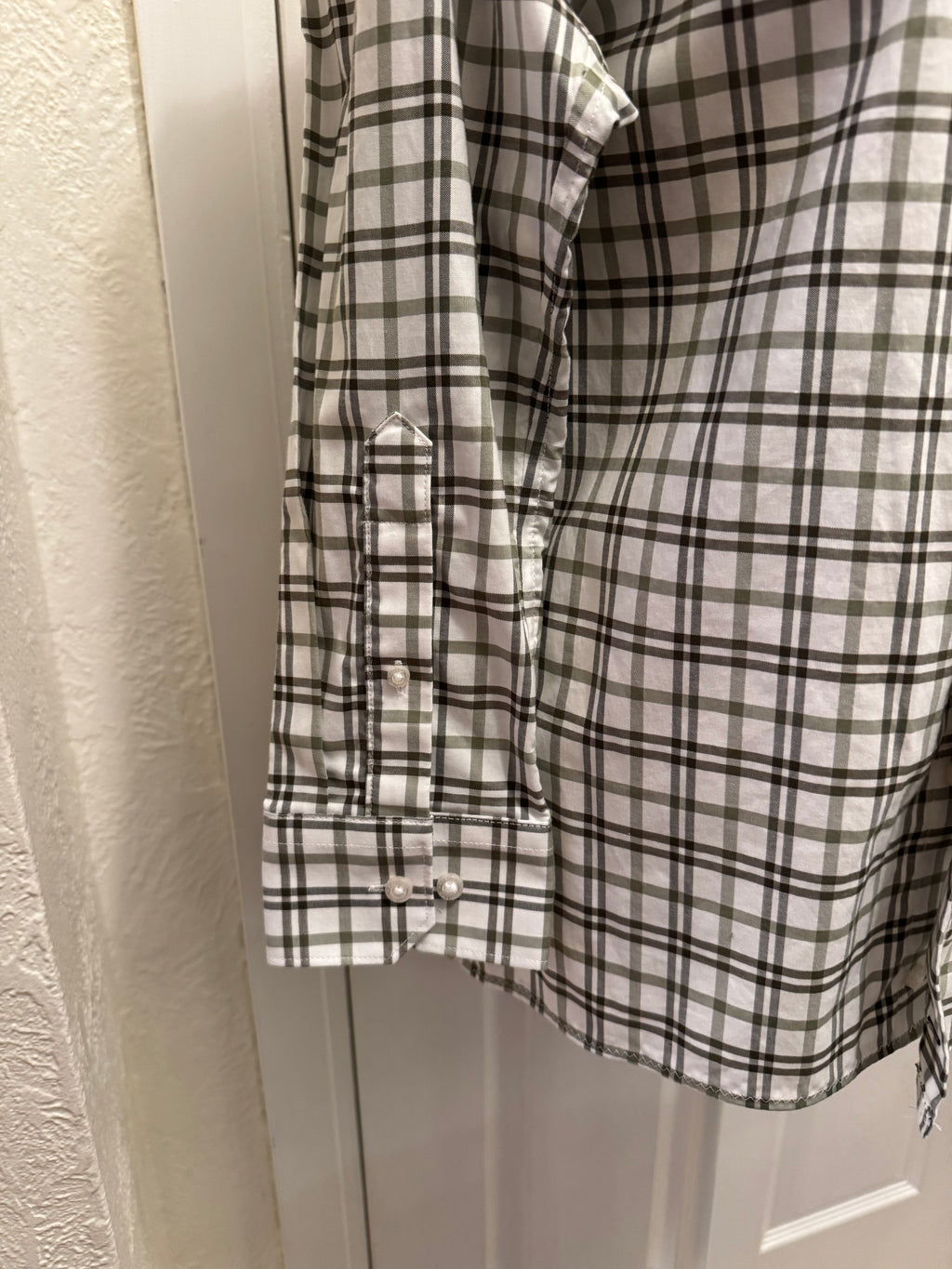 SOLD Nora - Banana Republic Men's Upcycled Ruffle Shirt - Olive Green Plaid - Size Small/Medium