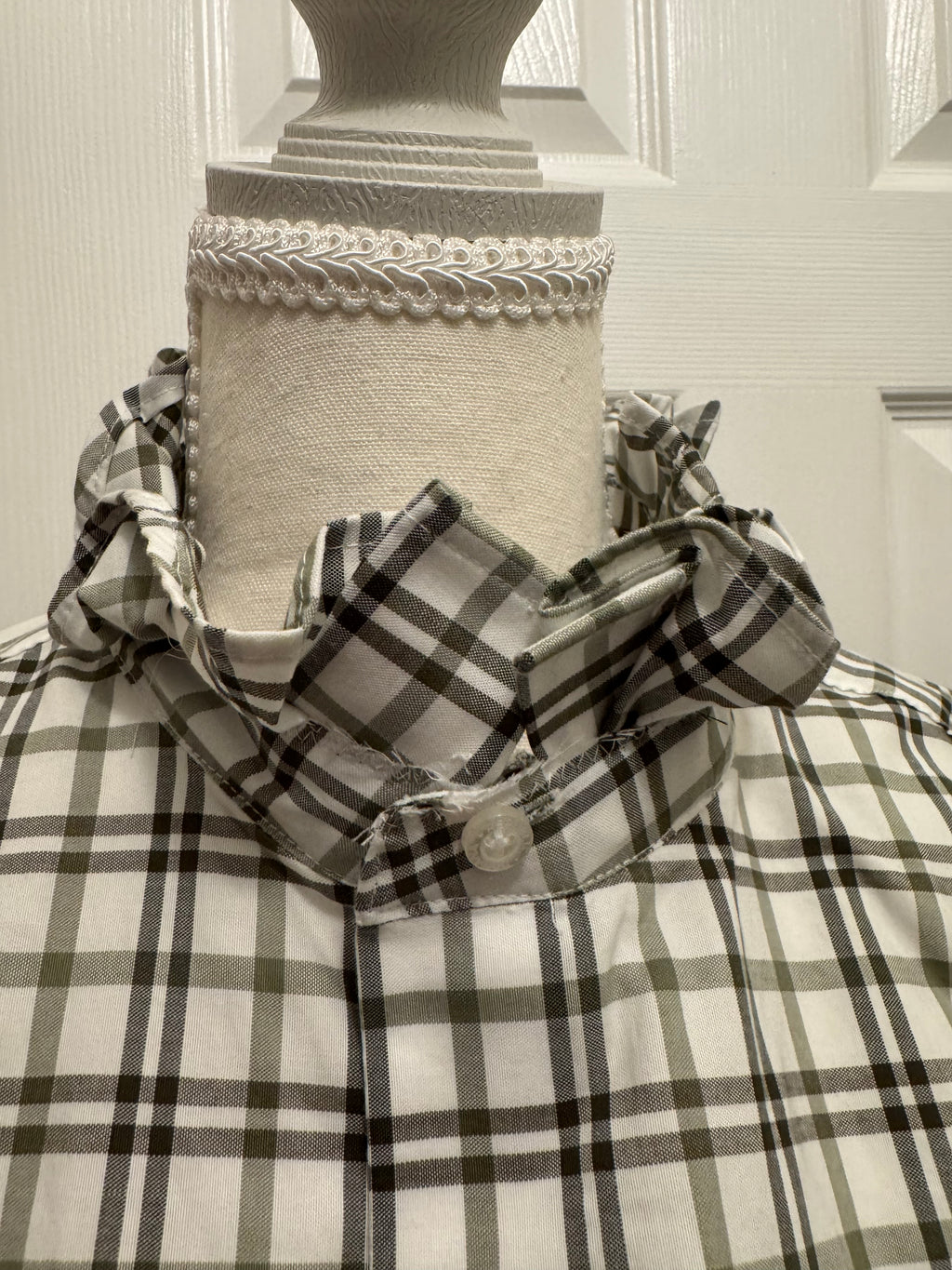SOLD Nora - Banana Republic Men's Upcycled Ruffle Shirt - Olive Green Plaid - Size Small/Medium