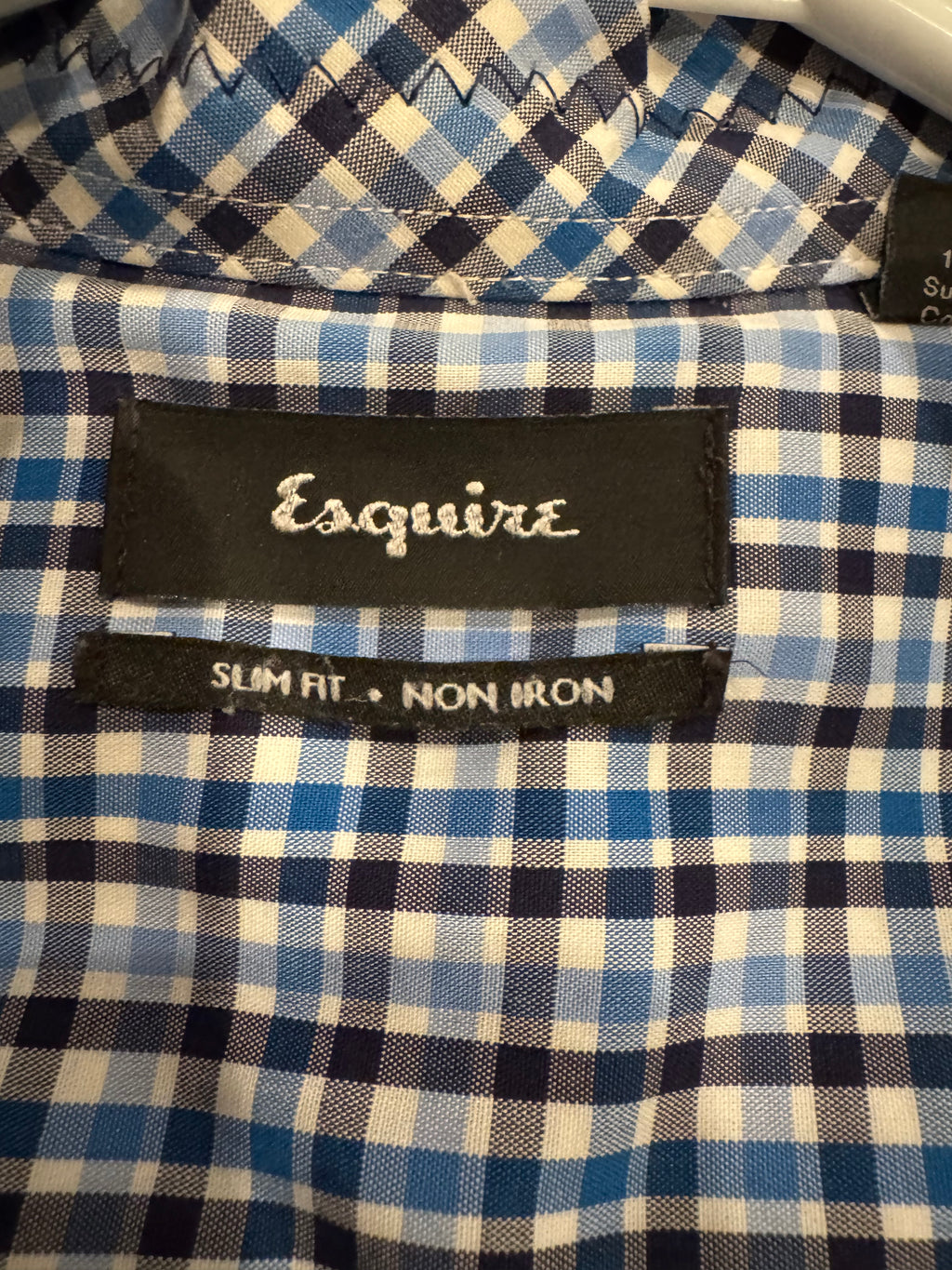 SOLD Betty - Esquire Mens Upcycled Ruffle Shirt - blue/black plaid - size Medium